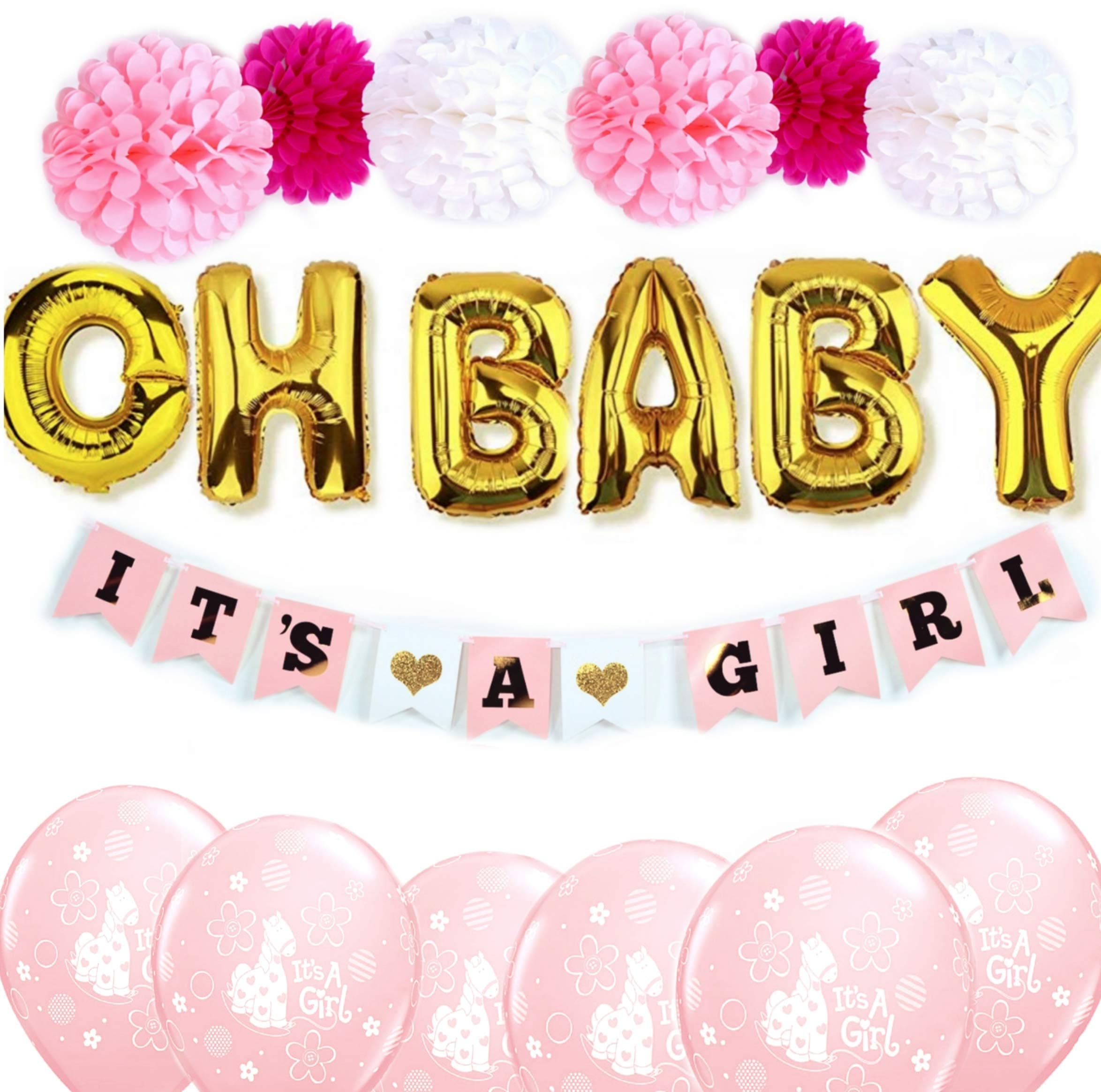 Baby Shower Decorations for Girl Pink and Gold Decor/Girl Shower Decorations/It's a Girl Banner/OH Baby Balloons It's A Girl Banner/Latex Balloons, Pompoms