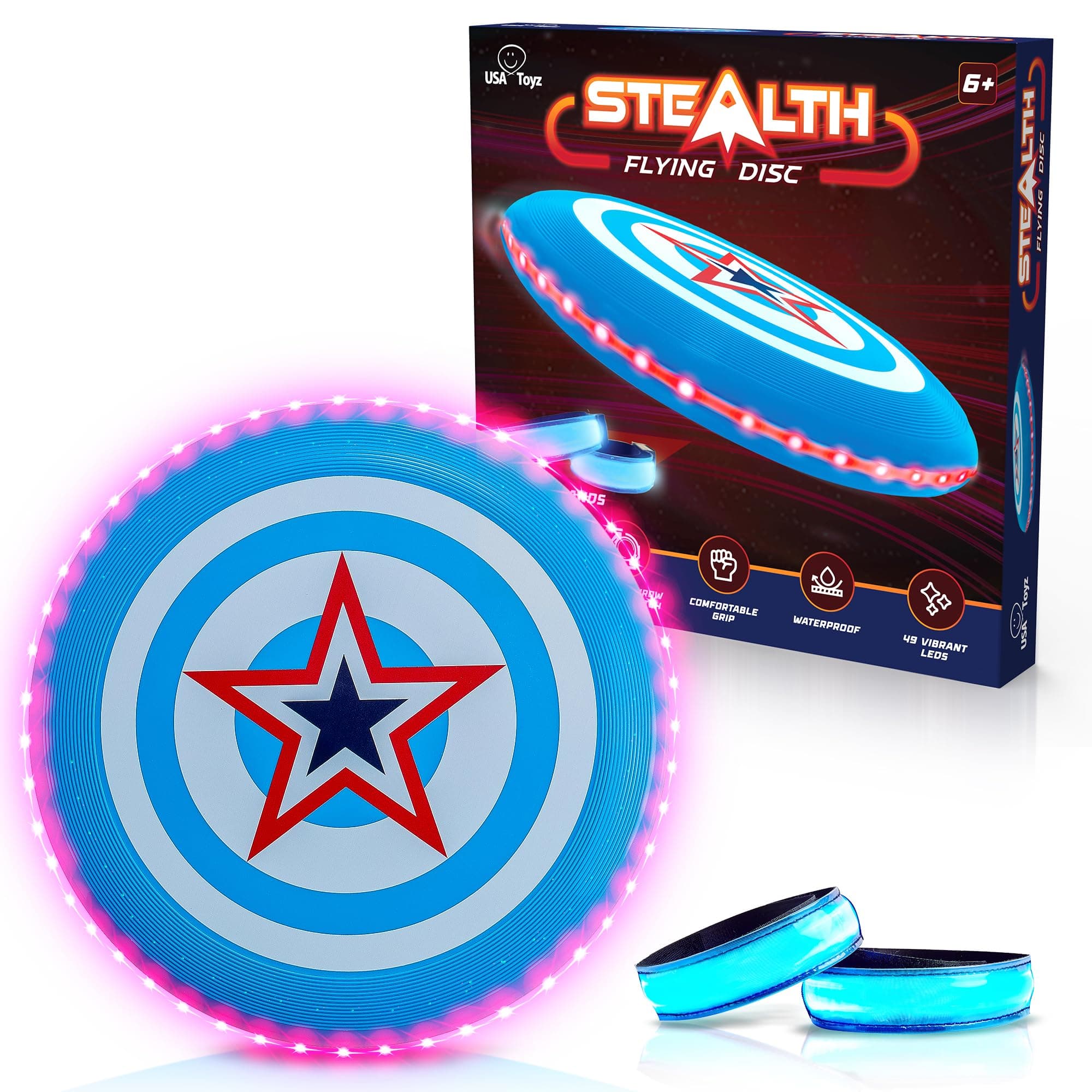 USA ToyzStealth LED Flying Disc- Light Up Disc for Adults and Kids, 49 LEDs Glow in The Dark Disk, 2 Arm Bands, Sport Golf Ultimate Outdoor Game Set, Waterproof Glow Hover Disks (Red/Blue)
