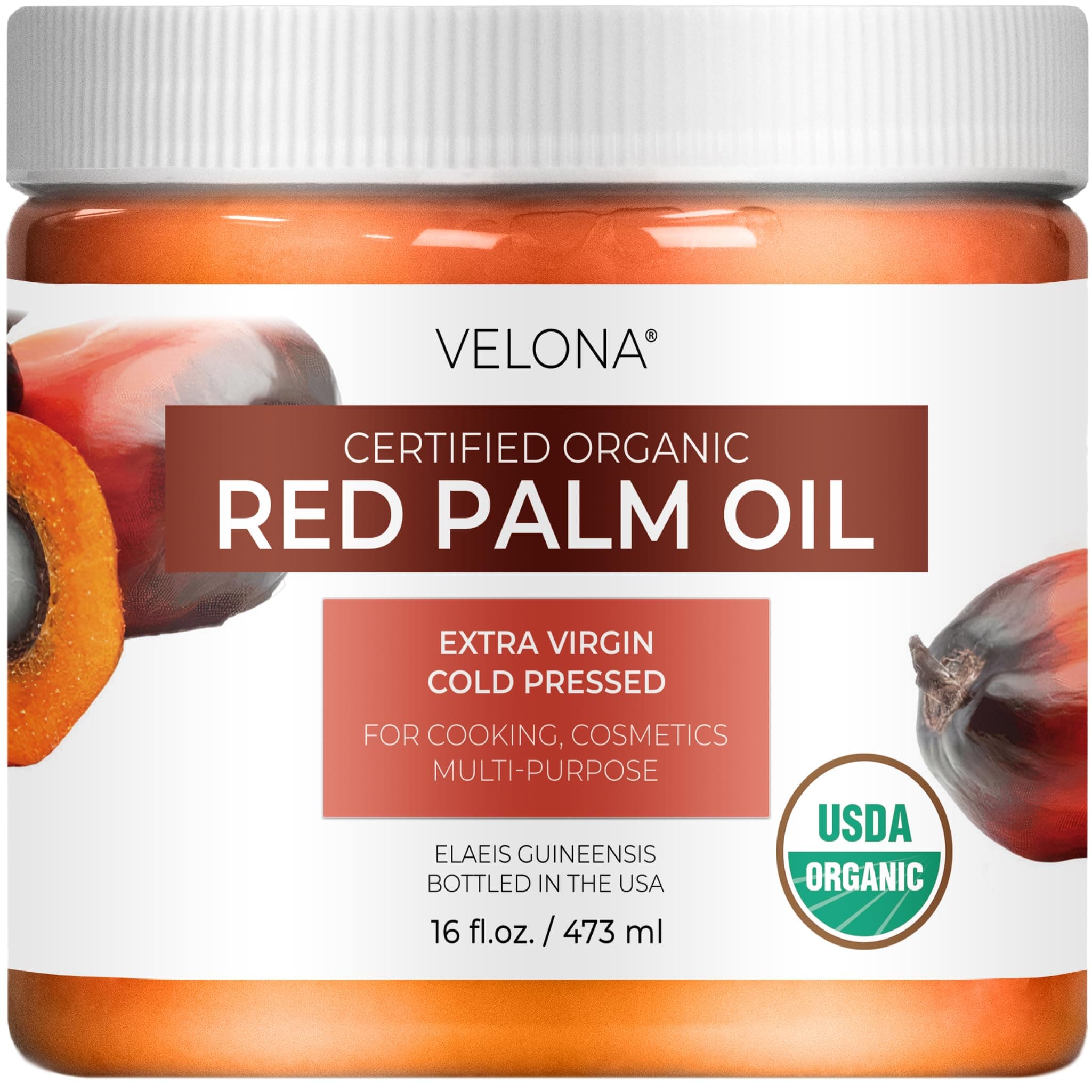 velona USDA Certified Organic Red Palm Oil 16 Fl Oz | Food and Cosmetic Grade | in jar | Extra Virgin, Cold Pressed | Skin, Face, Body, Hair Care | Use Today - Enjoy Results