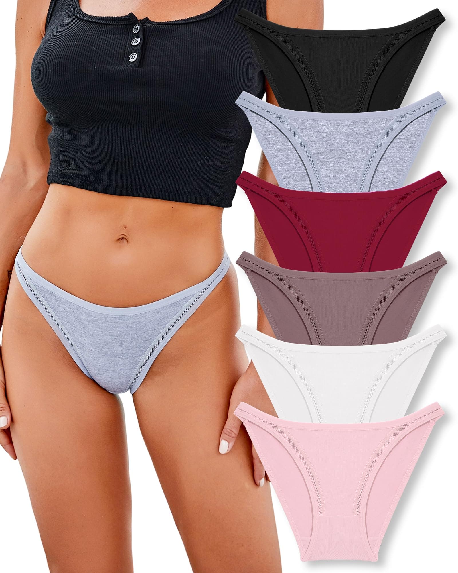 6 Pack String Underwear for Women Cotton High Cut Stretch Breathable Low Rise Hipster Cheeky Bikini Panties S-XL