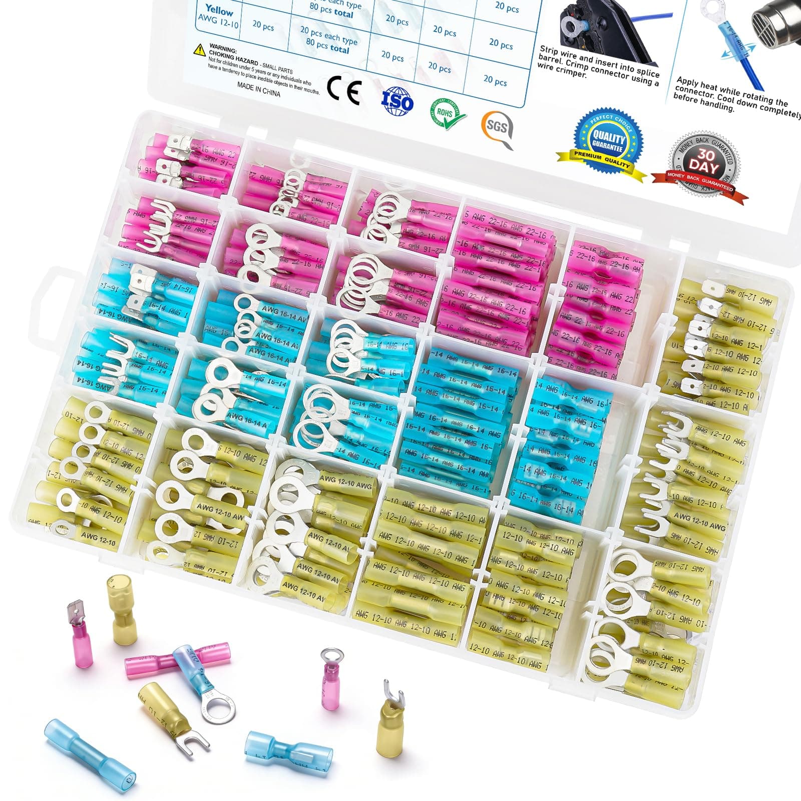 TICONN 500Pcs Heat Shrink Wire Connectors, Waterproof Automotive Marine Electrical Terminals Kit, Crimp Connector Assortment, Ring Fork Spade Butt Splices