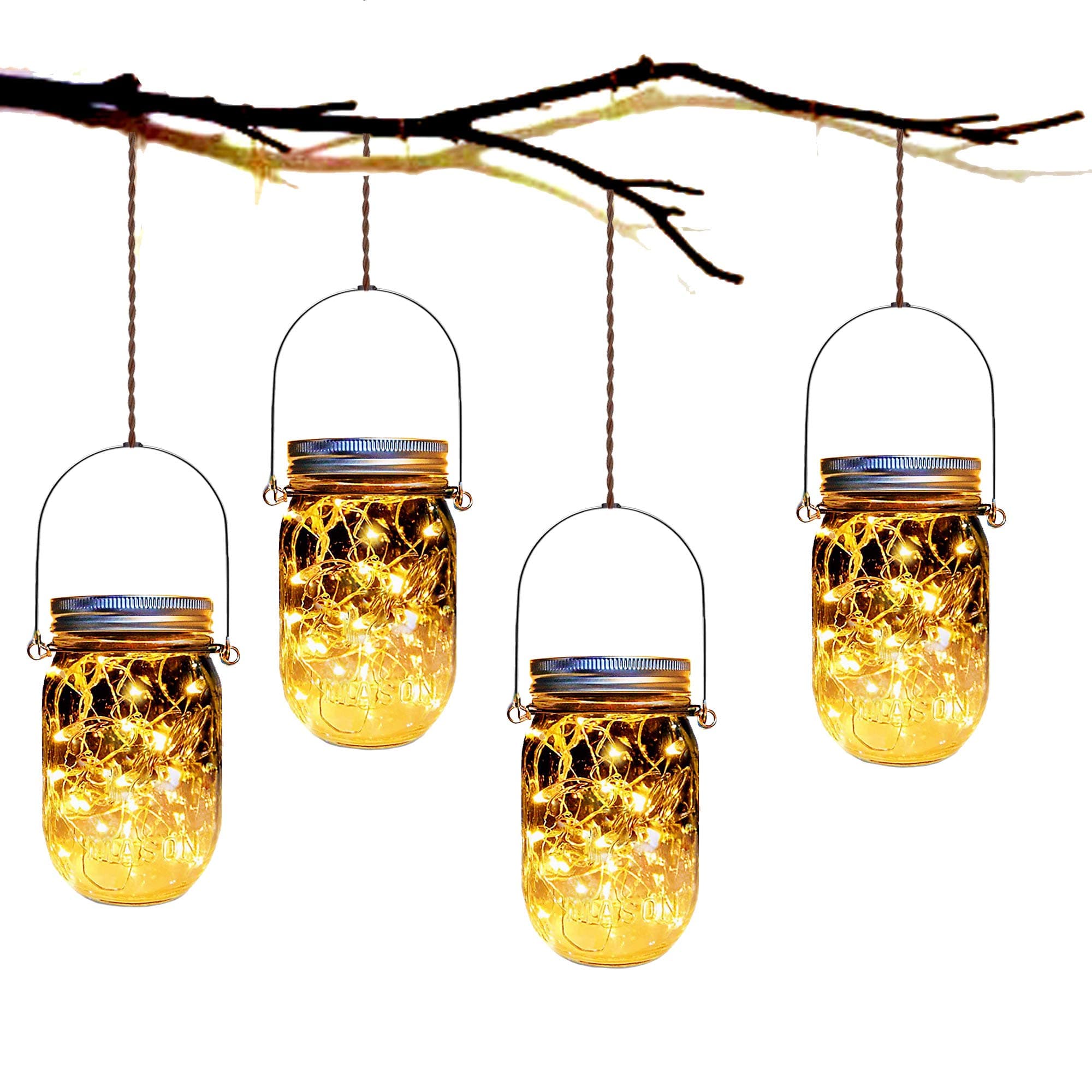 Solar Fairy Jar Lights,4 Pack 30 Led Mason Jar Decor Firefly Lights,for Outdoor Patio Garden Table Decorations Solar Lantern Mother's Day Gift(Mason Jars/Hangers Included)