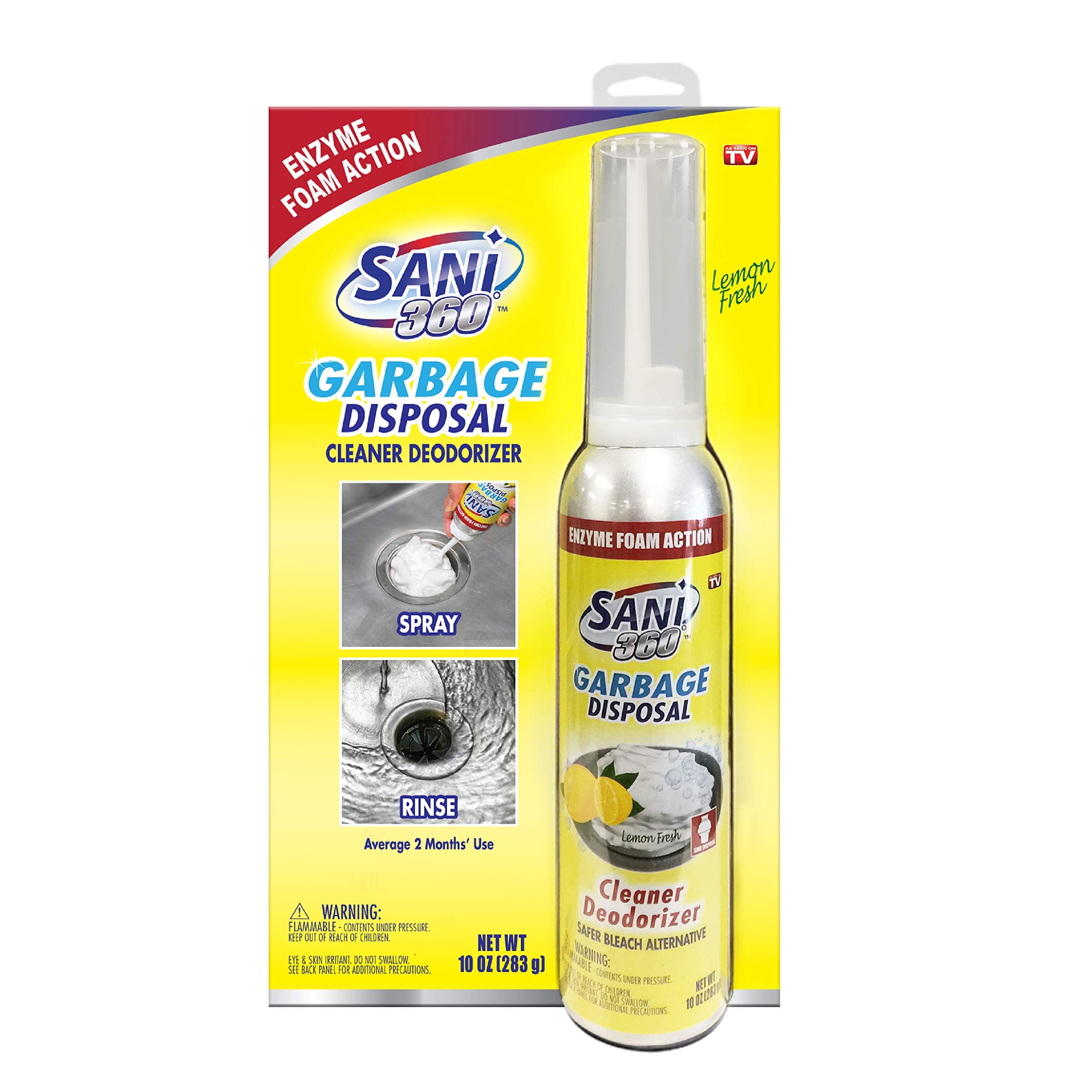 Sani 360 Garbage Disposal Cleaner — Lemon Scent, 10oz Bottle of Foam - 8 to 10 Uses