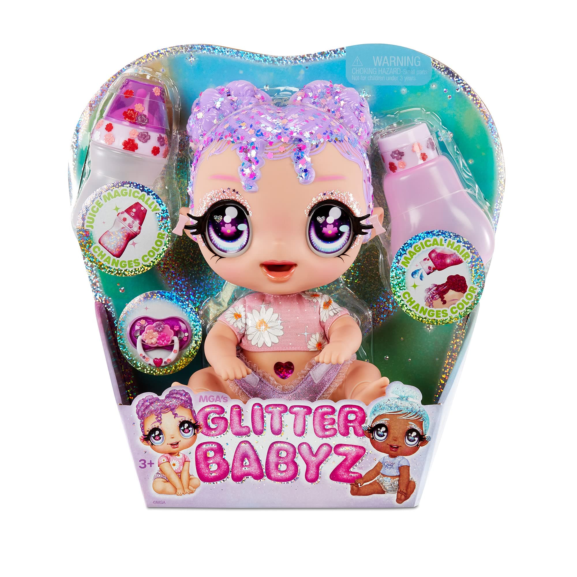 Glitter Babyz Bambola Lila Wildboom - Con 3 magici cambi di colore, capelli viola e vestito a fiori - Include pannolino, biberon e ciuccio utilizzabili - Da collezionare, multicolore