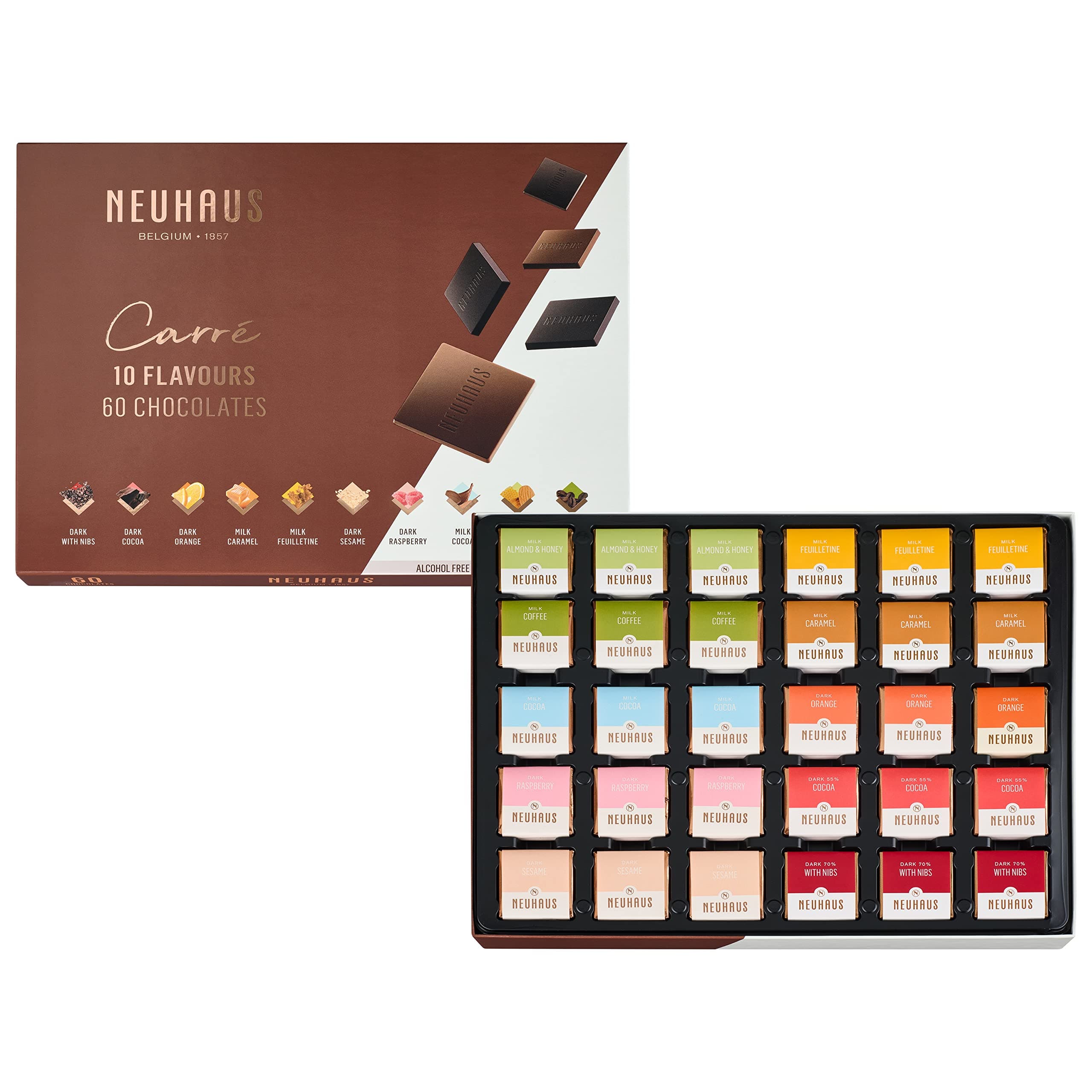 Belgian Chocolate Carré 10 Flavors Box – 60 Neuhaus Chocolate Carrés Assorted Milk & Dark Chocolates – 10 Flavors – Individually Wrapped – Chocolate Treasure Box