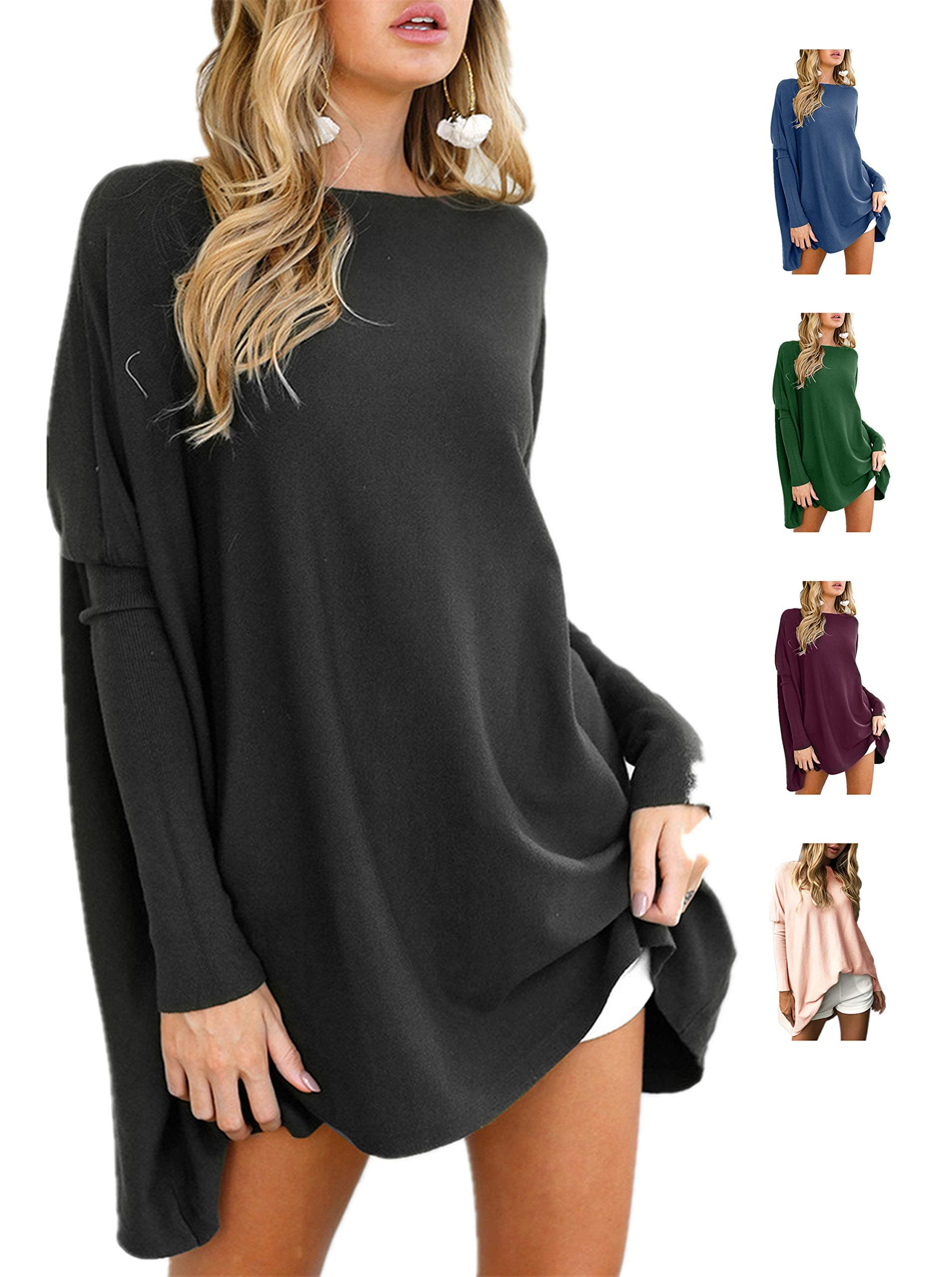 LIYOHON Women's Oversized T-Shirt Round Neck Long Sleeve Loose Sweaters Tunic Tops for Women Black-M