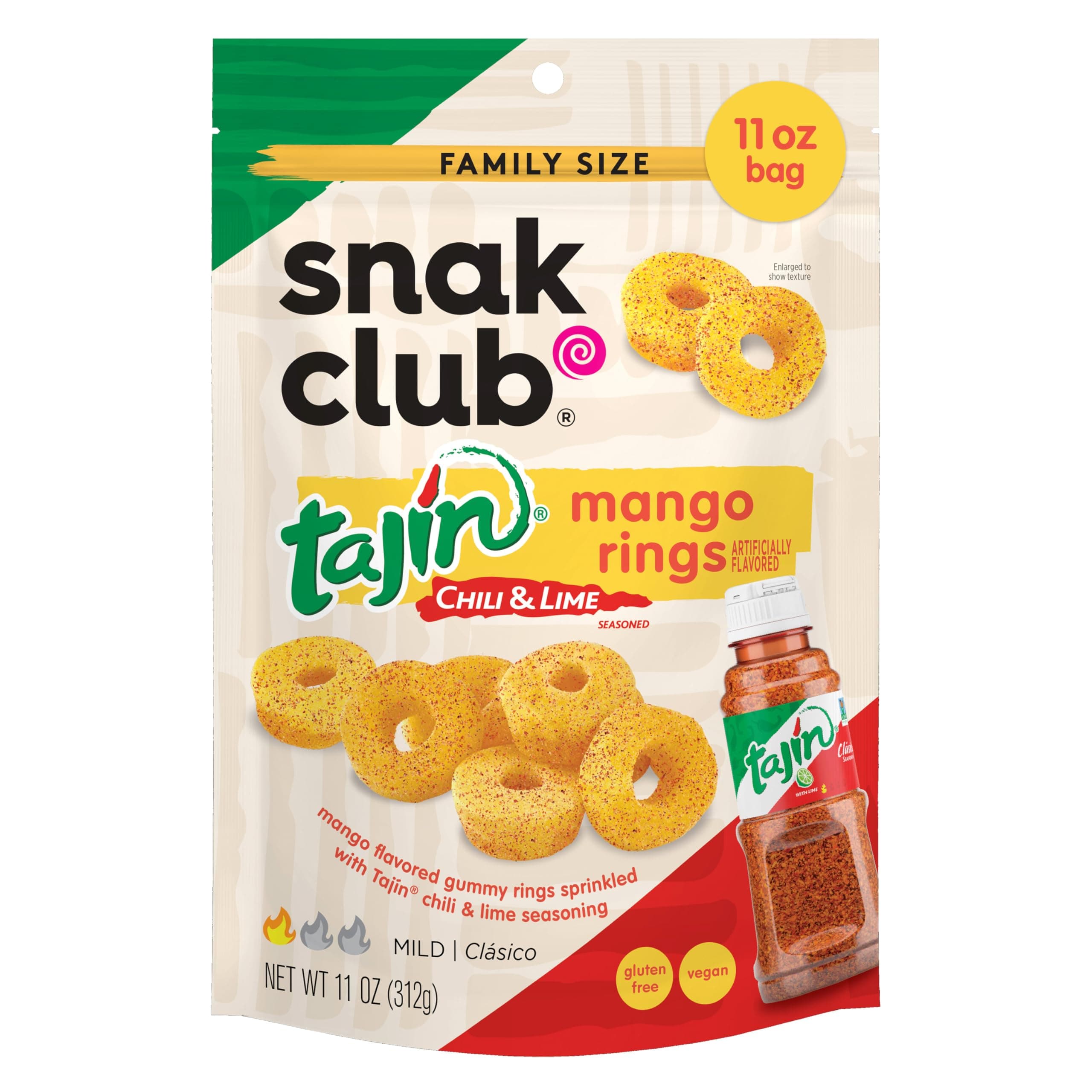 Snak Club Tajin Mango Rings Gummy Candy, Fruit Candy Gummies with Chili and Lime Seasoning, Mild, Gluten-Free and Vegan Snacks, 11 oz Resealable Bag