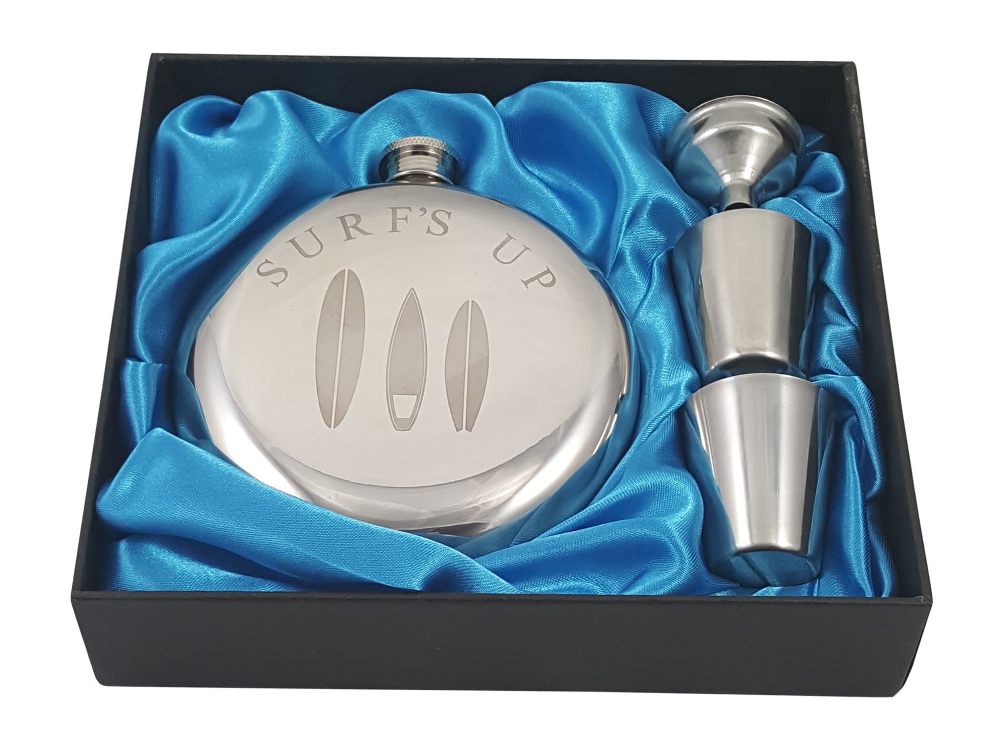 Surf's Up Flask Gift Set - Beach Flask Gift Set Engraved with Decorative Surfboards