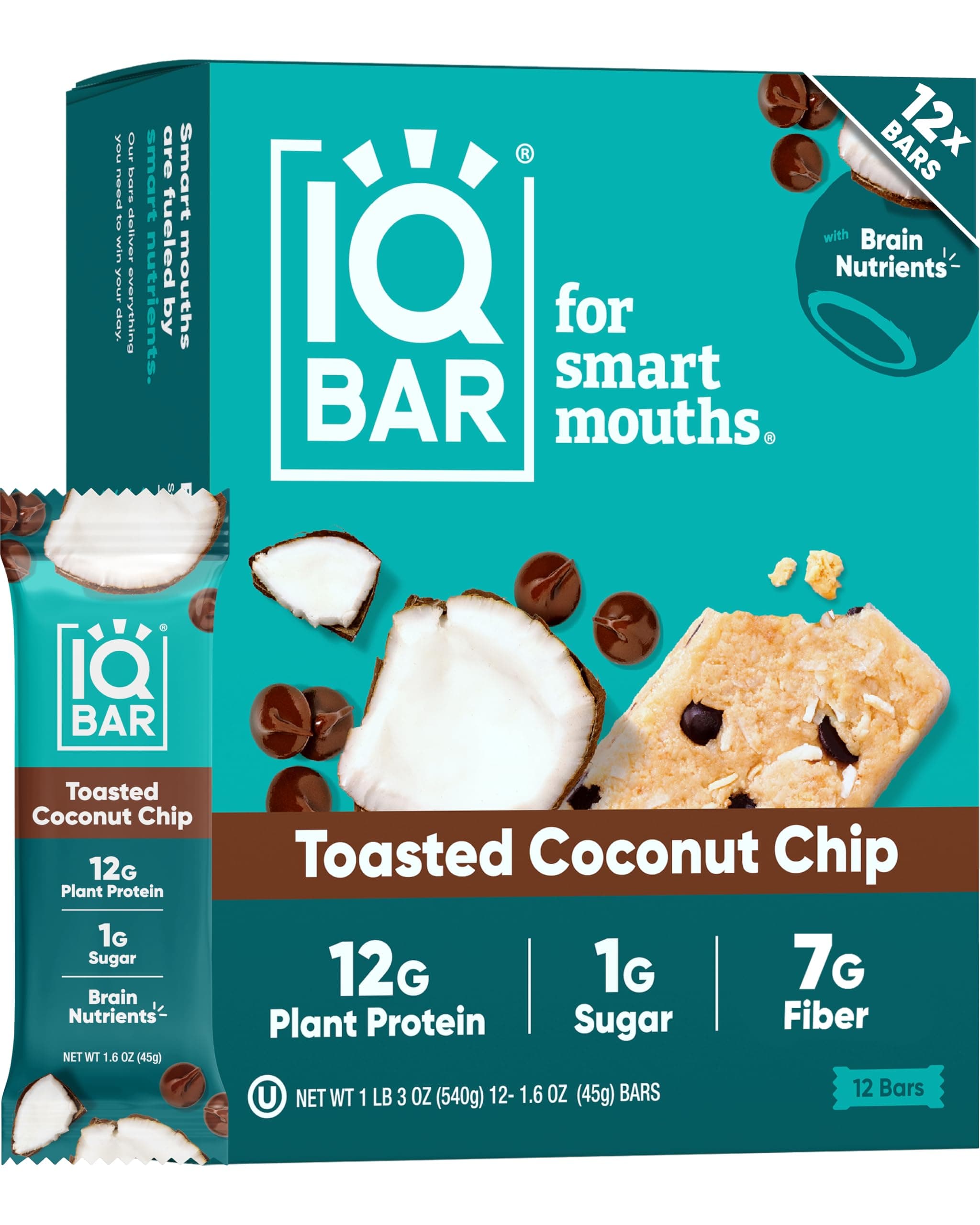 IQBAR Clean Plant Protein Bars - Toasted Coconut Chip - 12 Count - Keto, Vegan, High Fiber, Gluten and Dairy Free, Low Sugar Snack - Brain and Body Nutrients for Focus, Energy, Meal Replacement