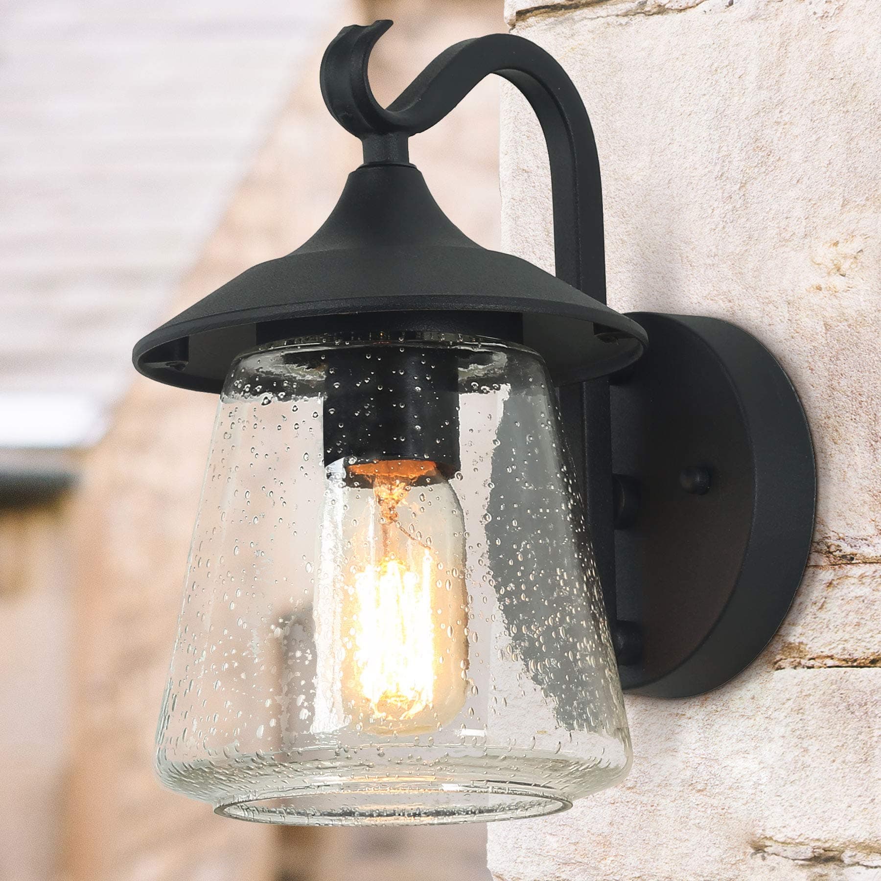 Outdoor Wall Light,Farmhouse Exterior Lantern in Black with Seeded Glass for Porch Barn A03356, 1-Light Light