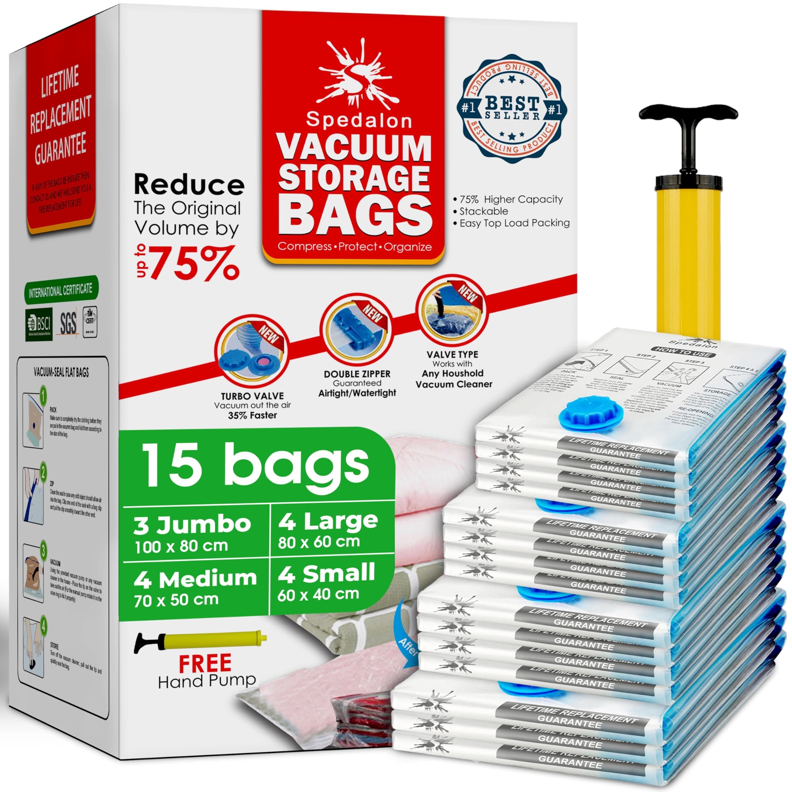 Vacuum Storage Bags - Pack of 15 (3 Jumbo + 4 Large + 4 Medium + 4 Small) ReUsable Space Savers with Free Hand Pump for Travel Packing | Vacuum Bags for Clothes, Duvets, Mattress, Bedding, Sweater