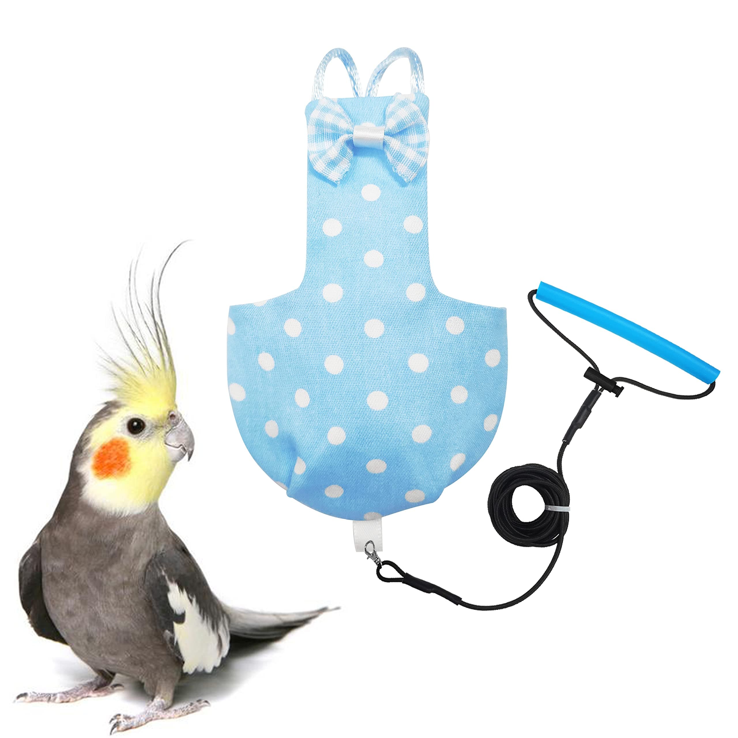 VANFAVORI Bird Diaper Harness Flight Suit Clothes with 80 Inch Flying Leash for Parrots Cockatiel Pet Bird, Blue with White Dots, S Size, Including A Cotton Pad
