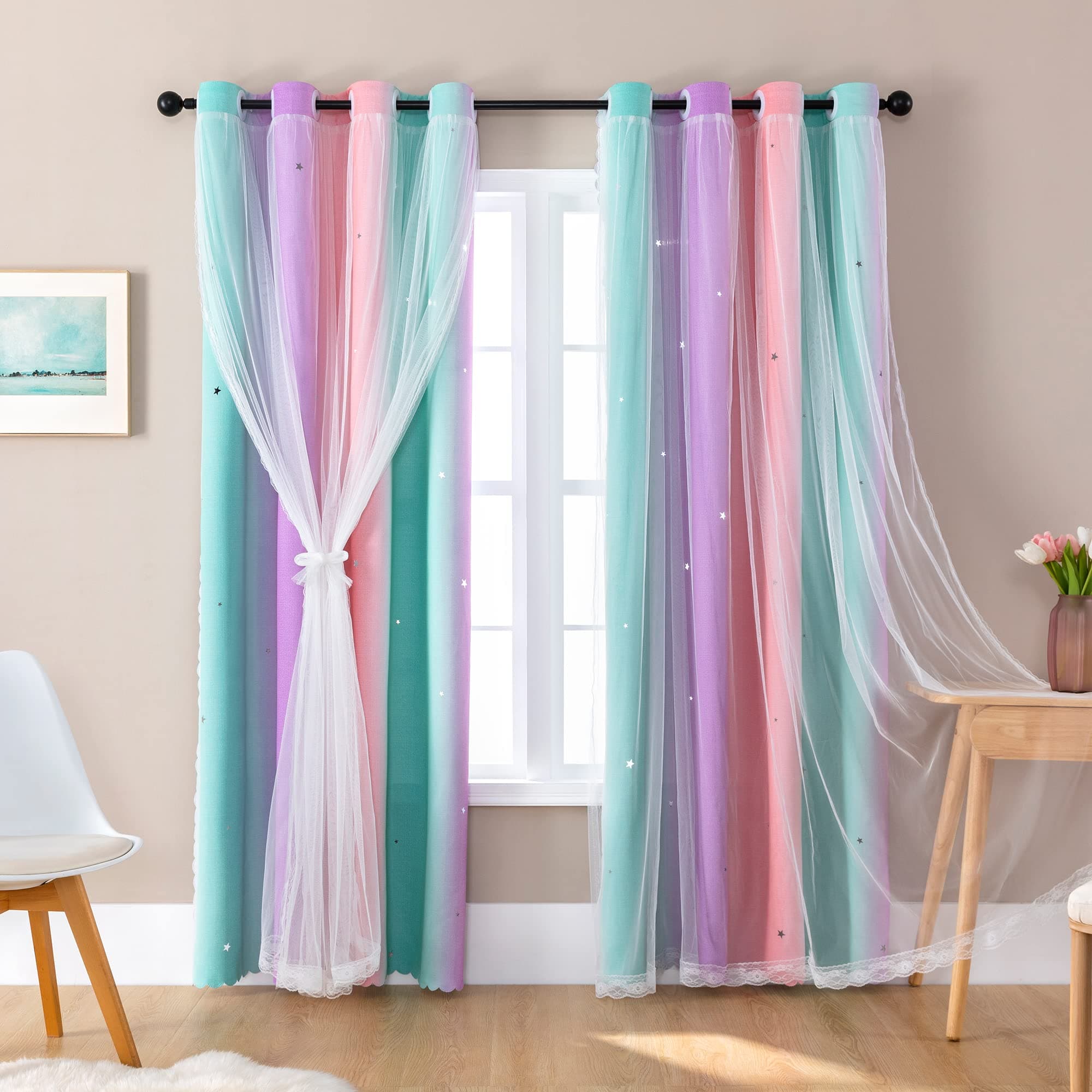 XiDi Curtains for Bedroom Decor, Rainbow Blackout Curtains for Kids Room, Unicorn Wall Decals Pink Curtains Pink Purple Green 52/54/1