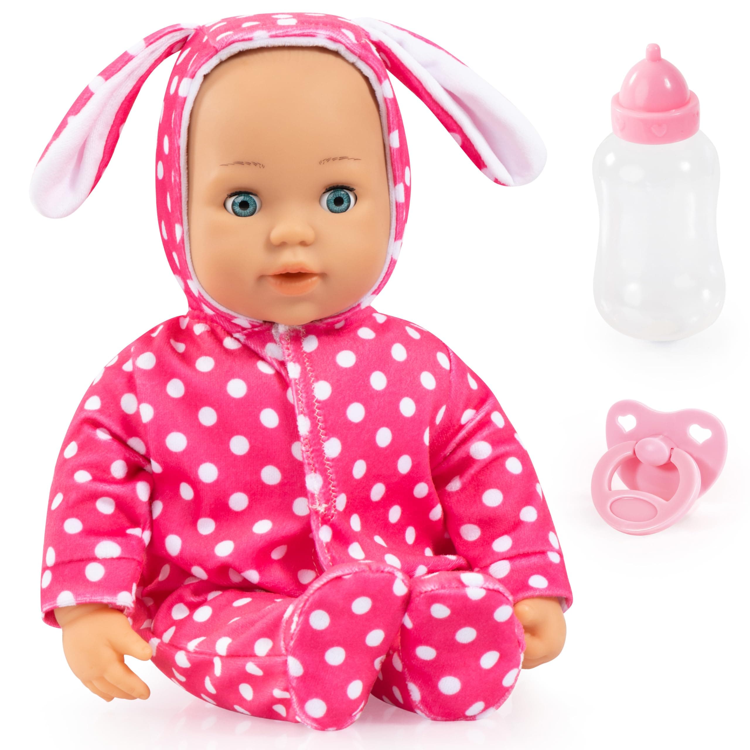 Bayer: Anna First Words Baby Doll - 15" Bunny Pink & White Polka Dot Onesie - Speaks & Open/Closes Eyes, Pacifier & Bottle