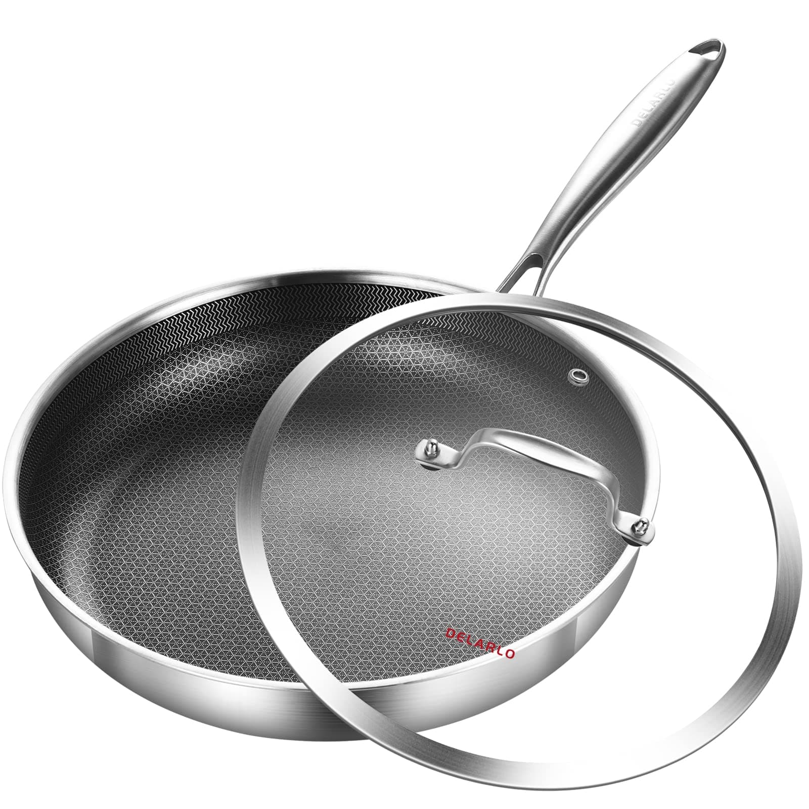 DELARLO 30.5 cm 3-Ply Hybrid Non Stick Stainless Steel Pan with Lid, Suitable for Induction Oven, Suitable for All Cooktops, Detachable Handle