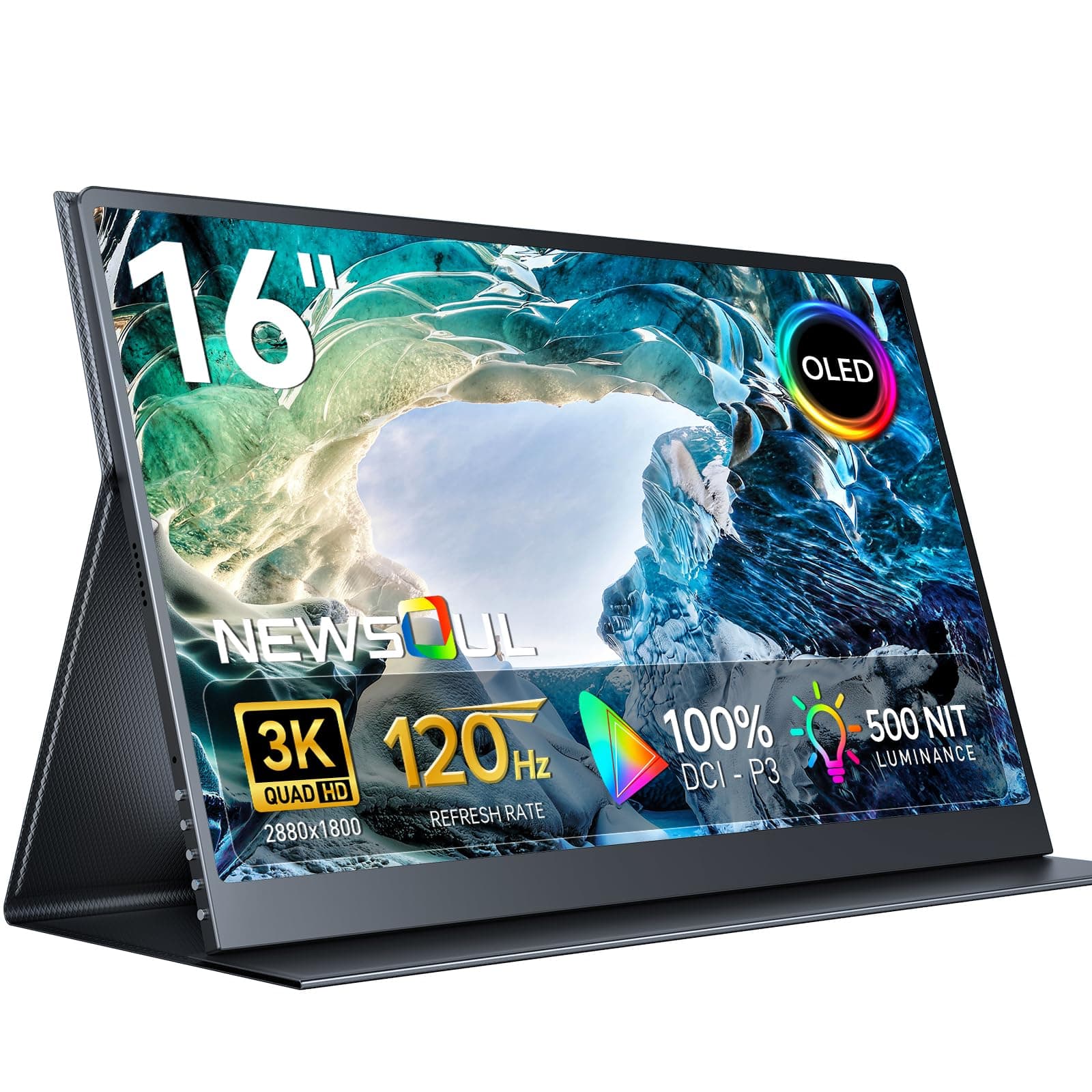 OLED Portable Monitor 16", 3K 2880x1800 120Hz 0.1ms Portable Gaming Display,500 Nits Brightness| 100000:1 Contrast| 100% DCI-P3| 8-Bit+FRC| Ultra-Slim Travel Monitor for Laptop PC Phone Game Consoles