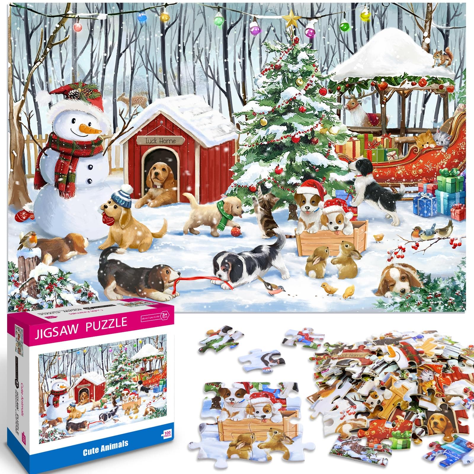 100 Piece Christmas Puzzle for Kids Ages 4-6 6-8 8-10 Christmas Ideal Gift for Boys Girls Jigsaw Puzzles 100 Pieces for Seniors(Cute Animals)