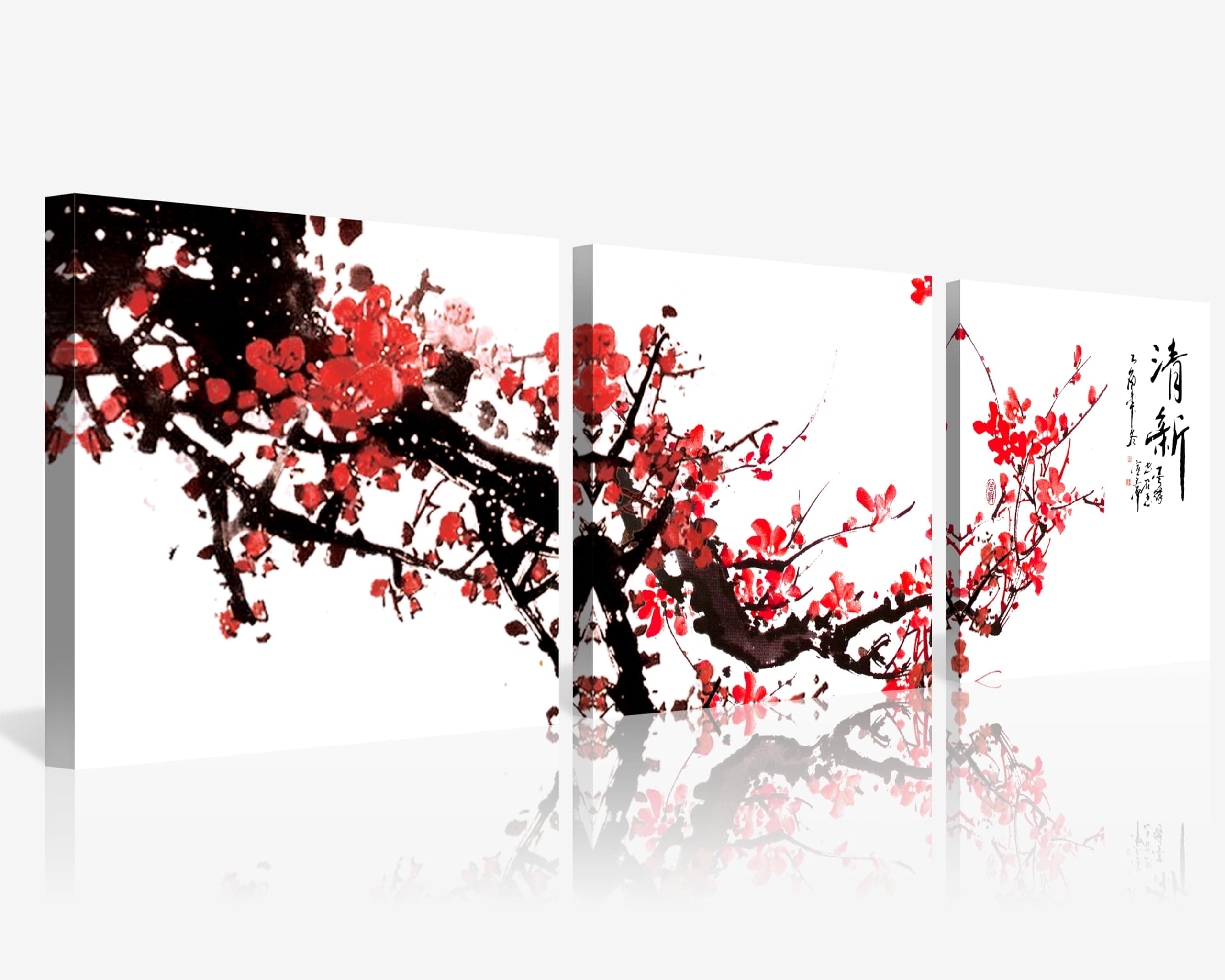 NAN Wind Small Size Traditional Chinese Painting of Red Plum Blossom Canvas Prints 3 Pcs Calligraphy Art Paintings Wall Art Poem Print Painting Framed 12x12inches 3pcs/set