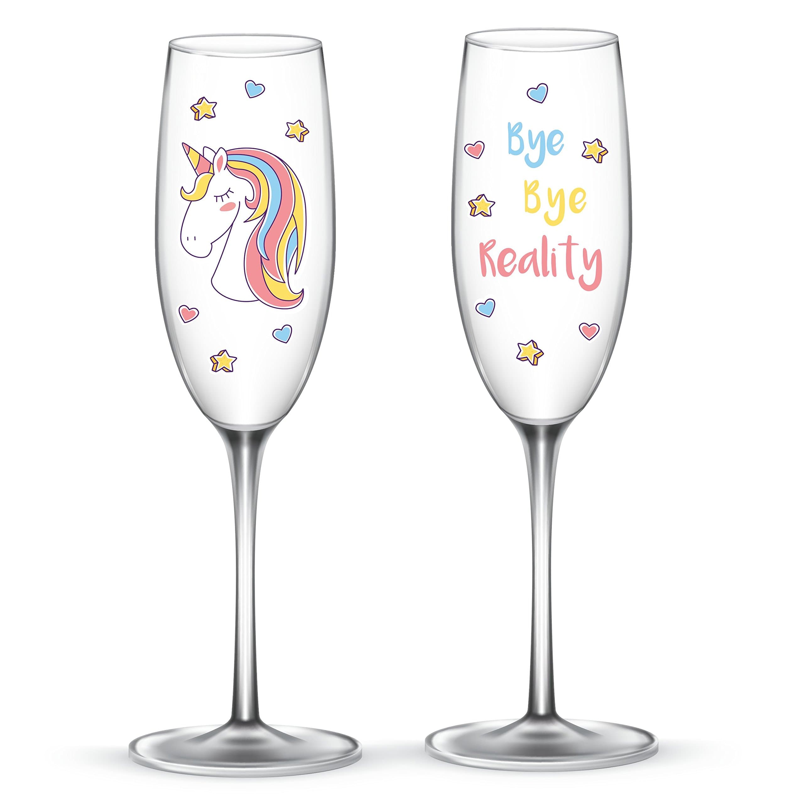 EinhornLiebe® Champagne Glasses Set, Unicorn Glass ‘Bye Bye Reality’ for Champagne or Sparkling Wine, Set of 2 in Gift Box