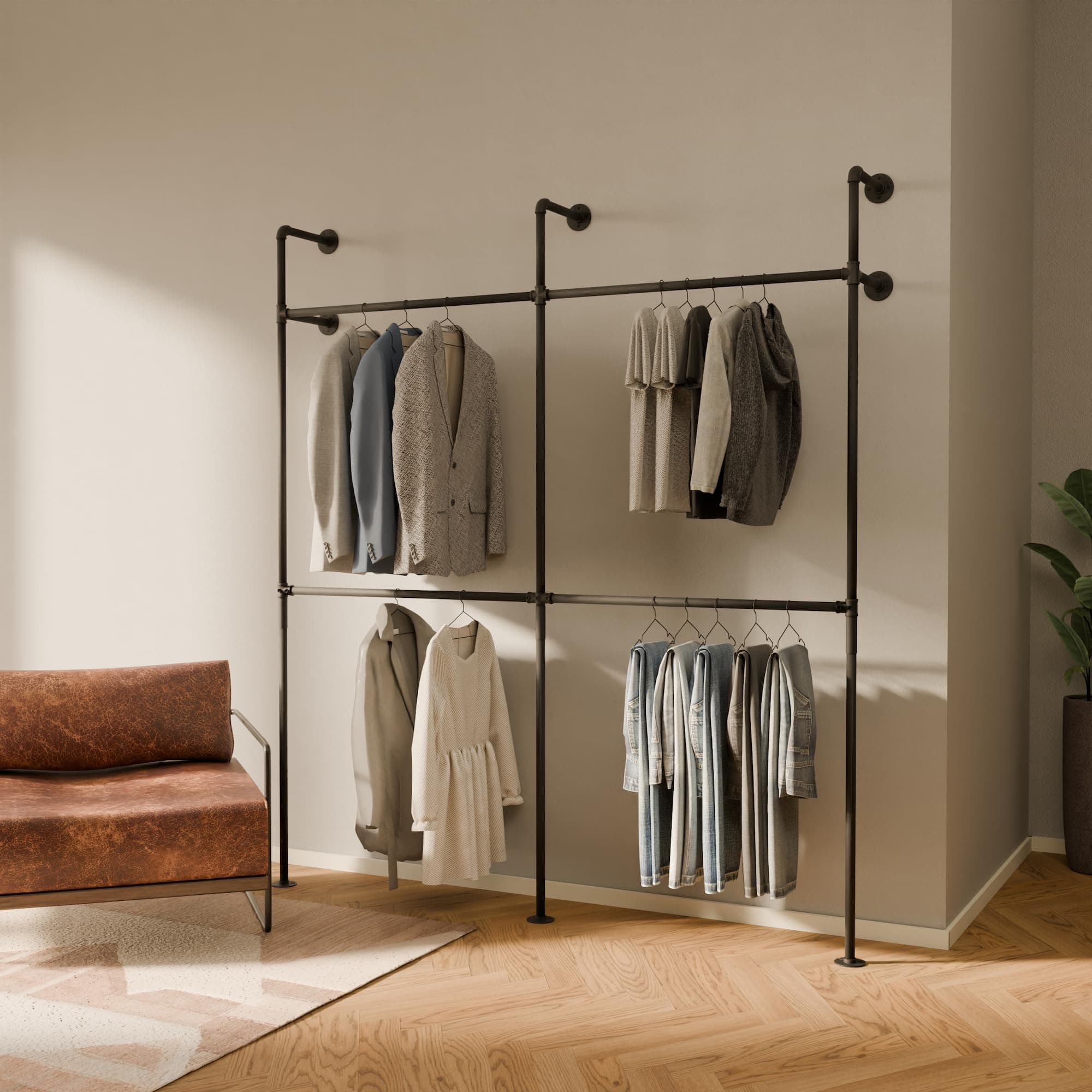 pamo clothes rail industrial loft design - KIM II Double - clothing rack for walk-in wardrobe I bedroom clothes rack made of black sturdy water pipes/tubes with wall mounting