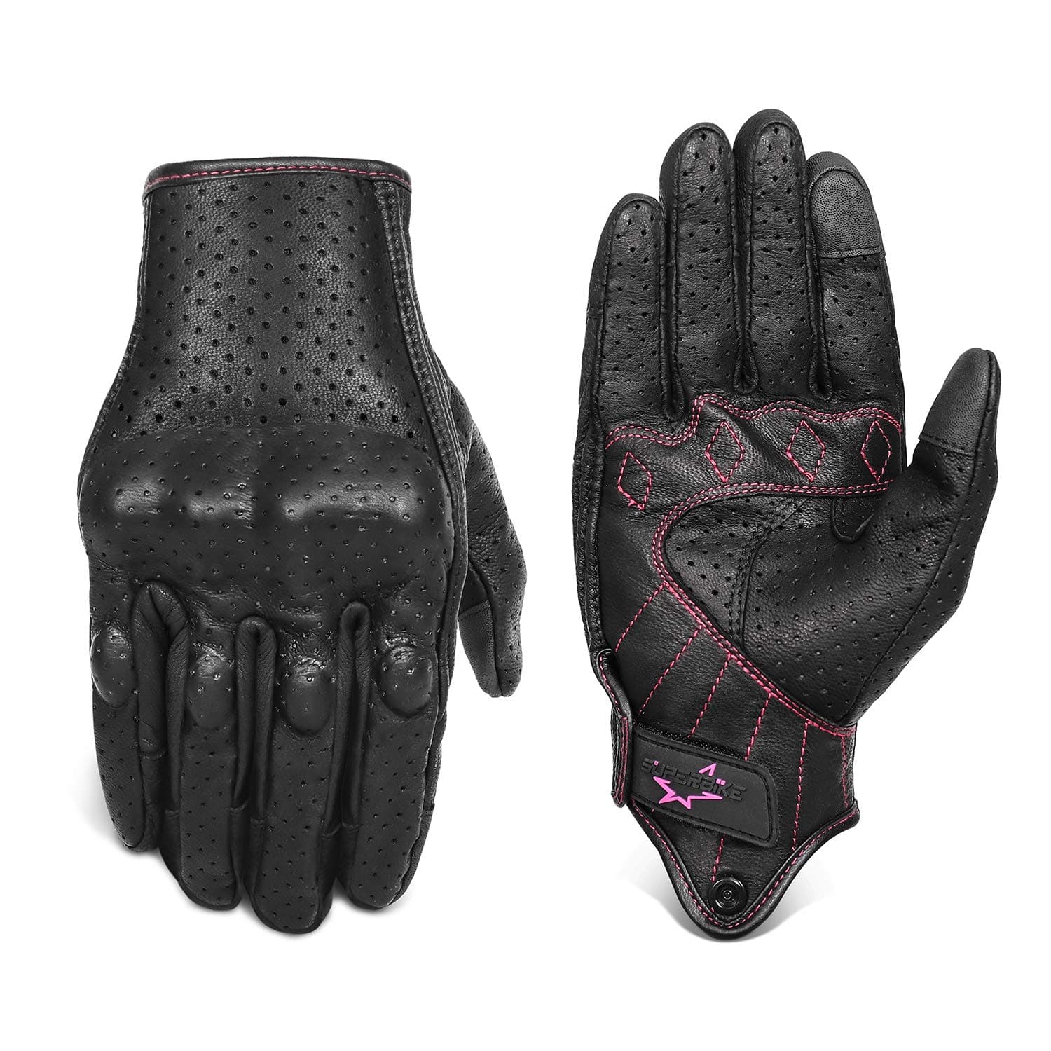 Superbike Women ’s Full Finger Motorcycle Gloves Hard Knuckle Armored Leather Motorcycle Gloves Touchscreen (G01W-Black Leather with Rose Line,XS)