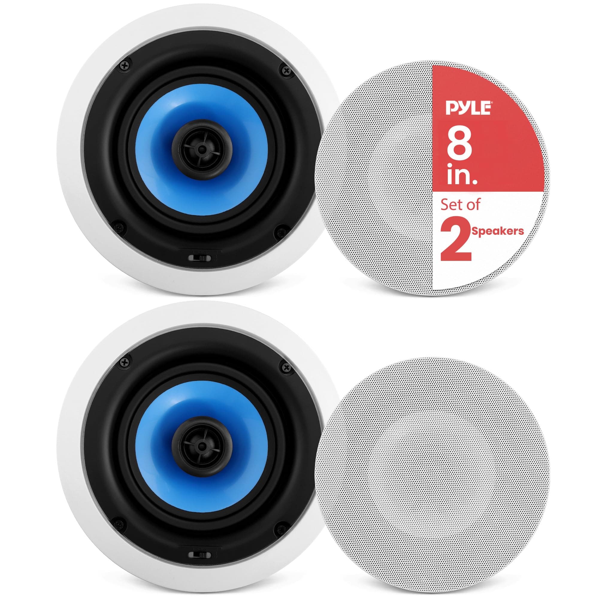 8” In-Wall / In-Ceiling Speakers, 250W Peak, Hi-Fi Stereo Sound, Pivoting Adjustable Coaxial Silk Dome Tweeter, Poly Cone Woofer, Stain Resistant Grill, For Home Theater, Custom Installs- Pair