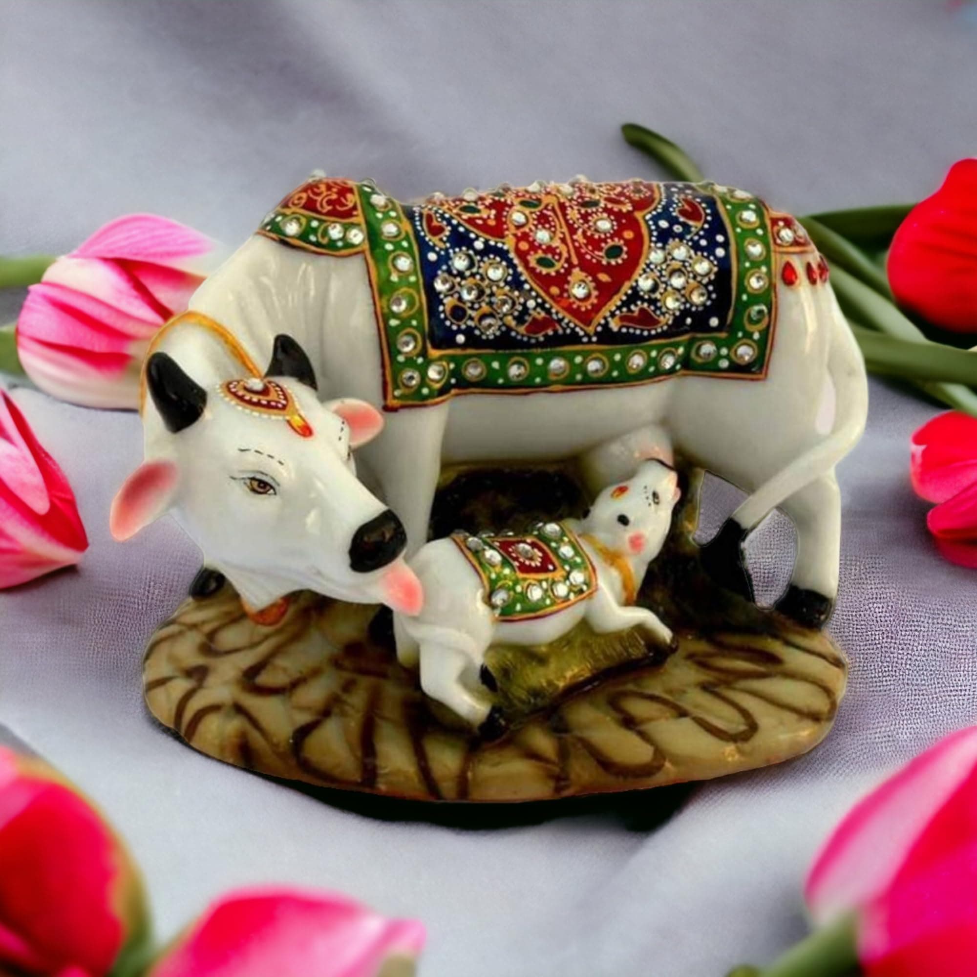 Saudeep India Good Luck Gift Items Art Handicraftgiftgallery Decorative Marble dust/Polyresin Cow and Calf Showpiece Idols and Figurines, 5x3x3Inch (Export Quality)