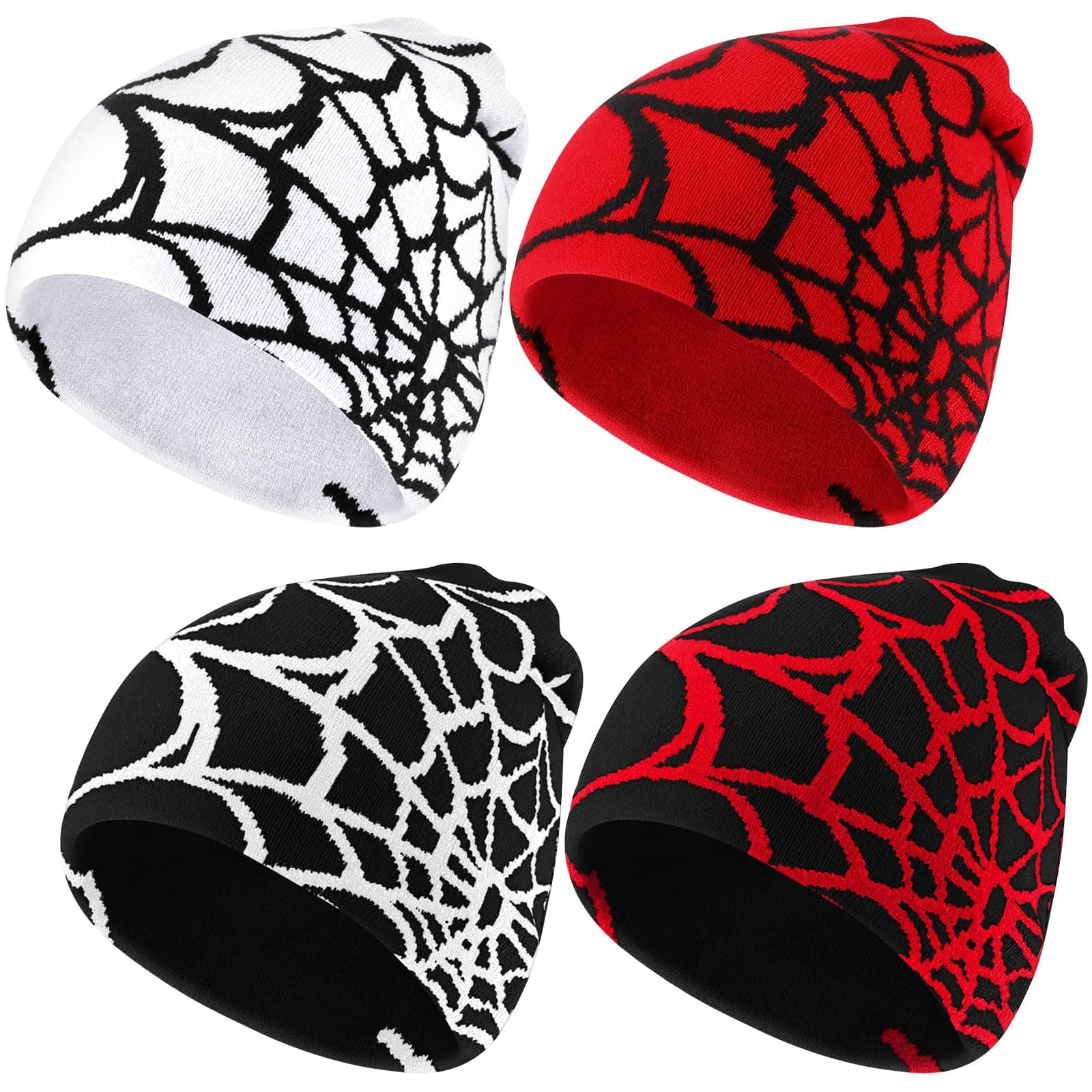 Jeyiour4 Pcs Y2K Beanies Spider Web Pattern Beanie Gothic Acrylic Knitted Hat Casual Streetwear Outdoor Beanies for Men