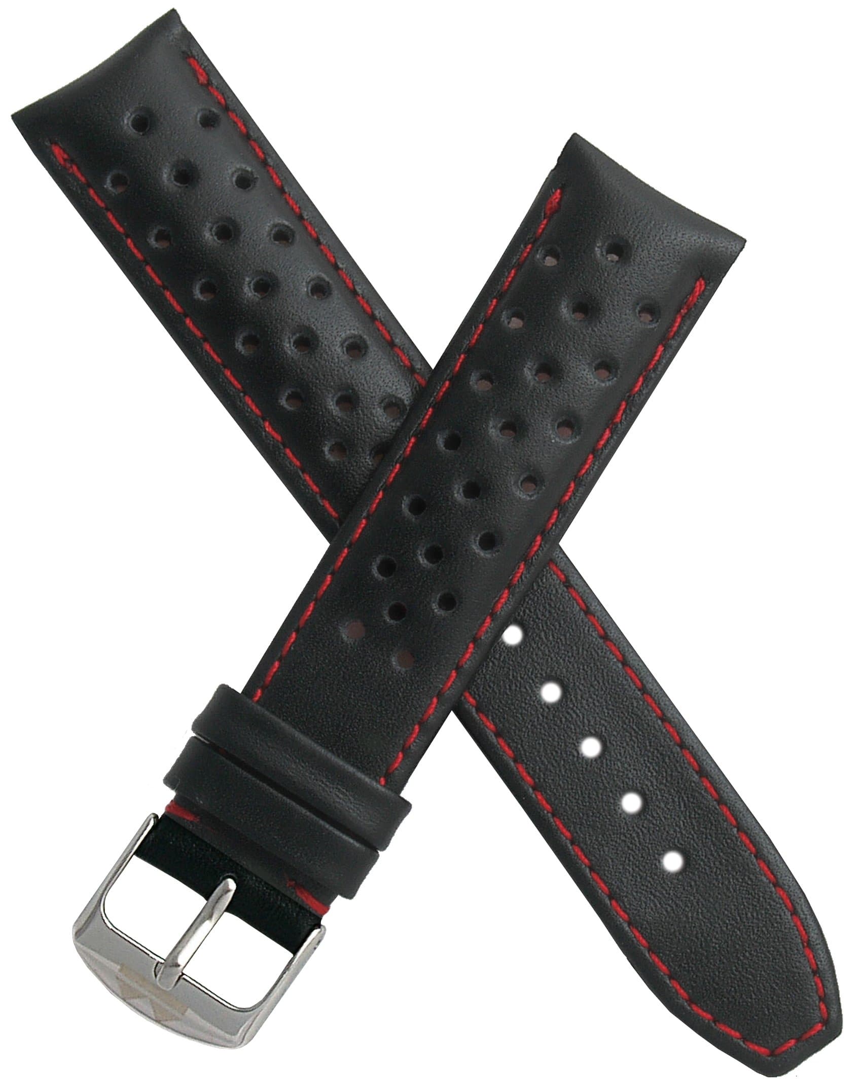 Watchstrapworld TH-20-01-0511P - 20 mm Heuer Carrera style Black sports perforated pin buckle leather watch band with red stitching - compatible with all watches with a standard 20 mm lug width