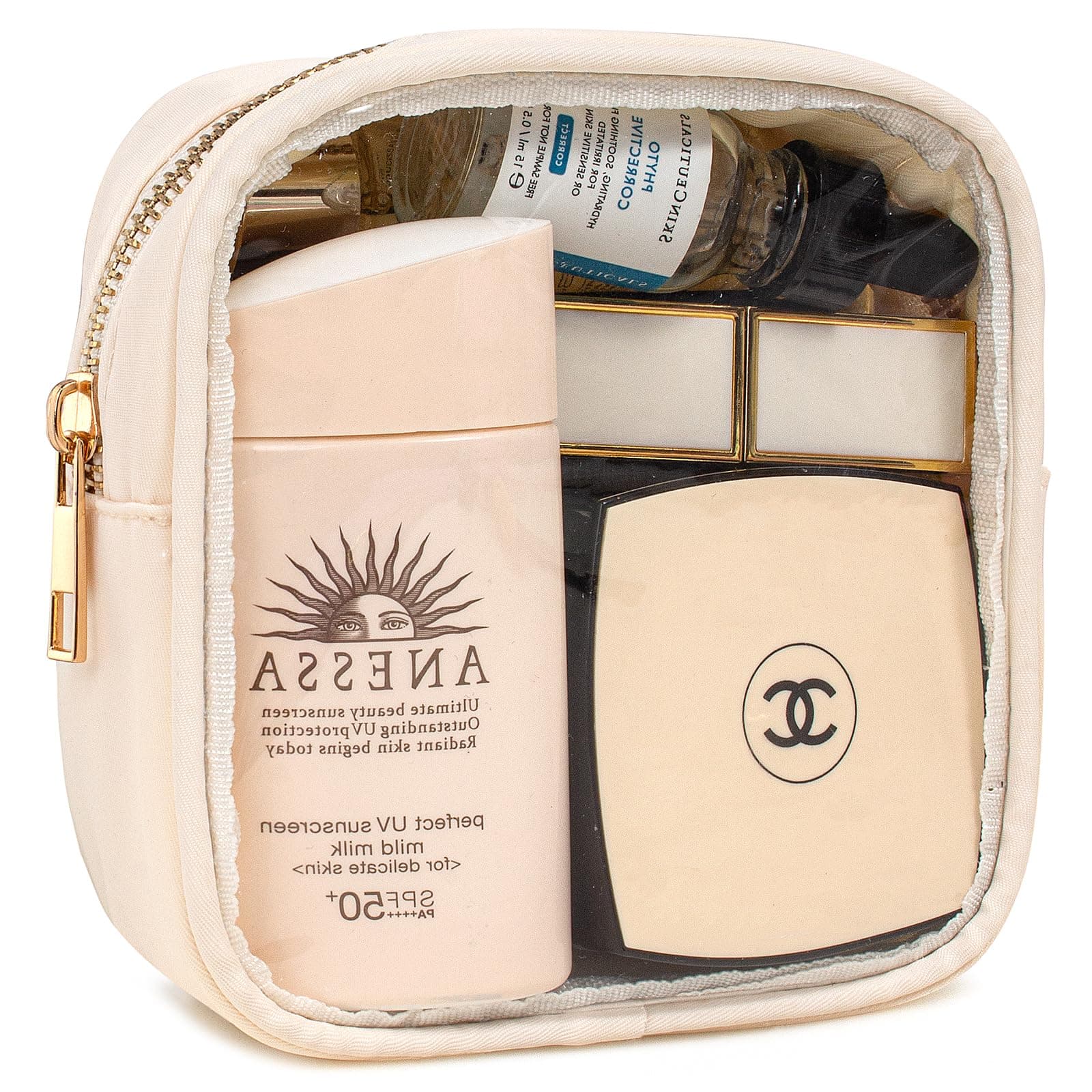 LETGOSmall Clear Makeup Bag for Purse Small Cosmetic Bag Travel Size Toiletry Bags Cute Travel Makeup Bag,Coin Purse,Car Asscessories Organizer Storage Travel Essentials for Women Girls(Clear-Beige)