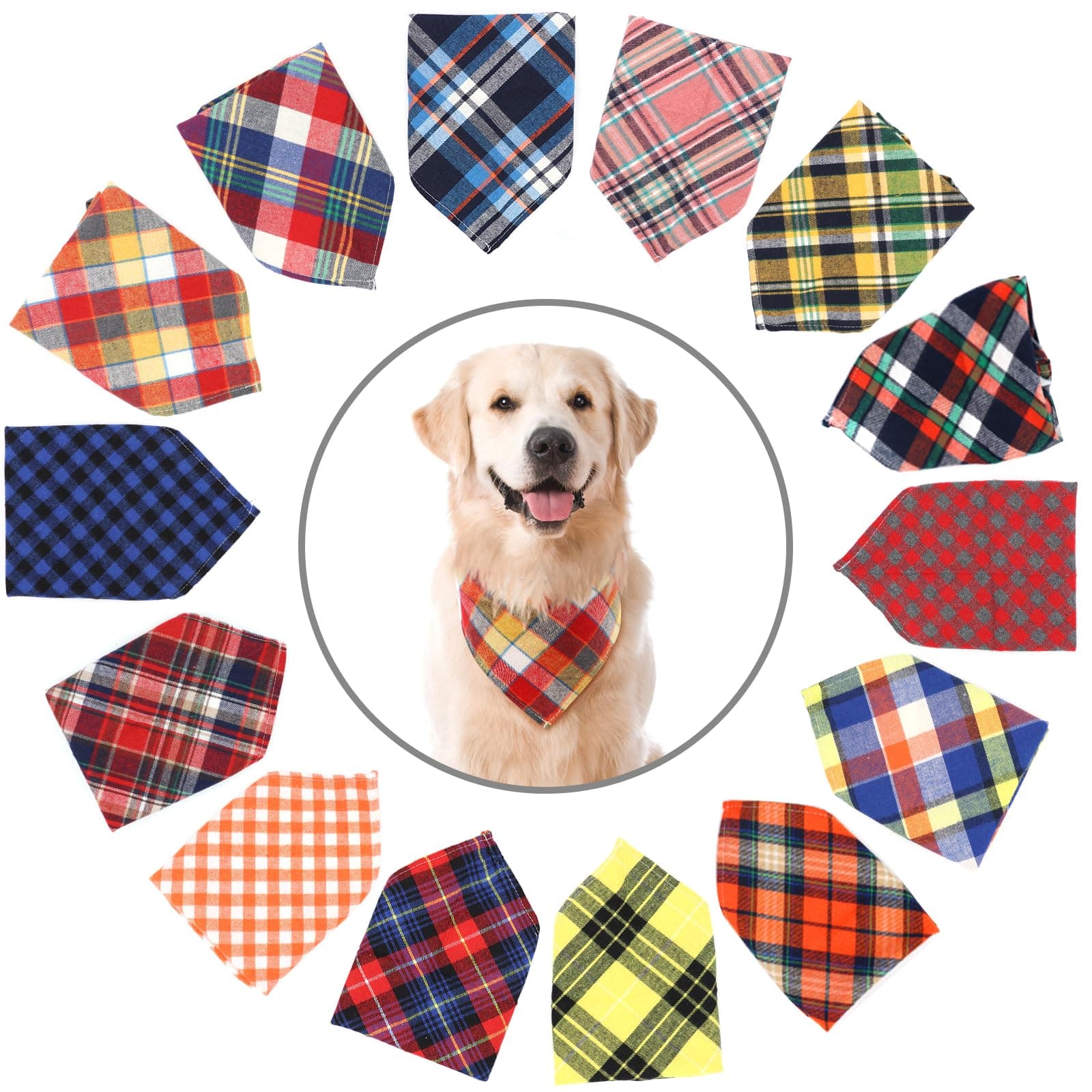 SLSON 14 Pack Dog Bandanas, Plaid Dog Scarf Washable Triangle Pet Bibs Kerchief for Puppy Small and Medium Dog Cat Pets