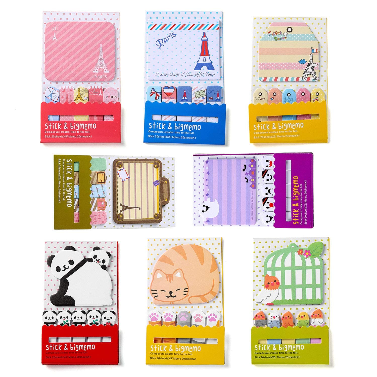 Cute Sticky Notes, Self-Stick Removable Bookmarks Page Flags Index Tabs - 8 Pads Per Pack - 120 Sheets Per Pad - Per Pack 48 Different Shapes Inside(8 Pack)