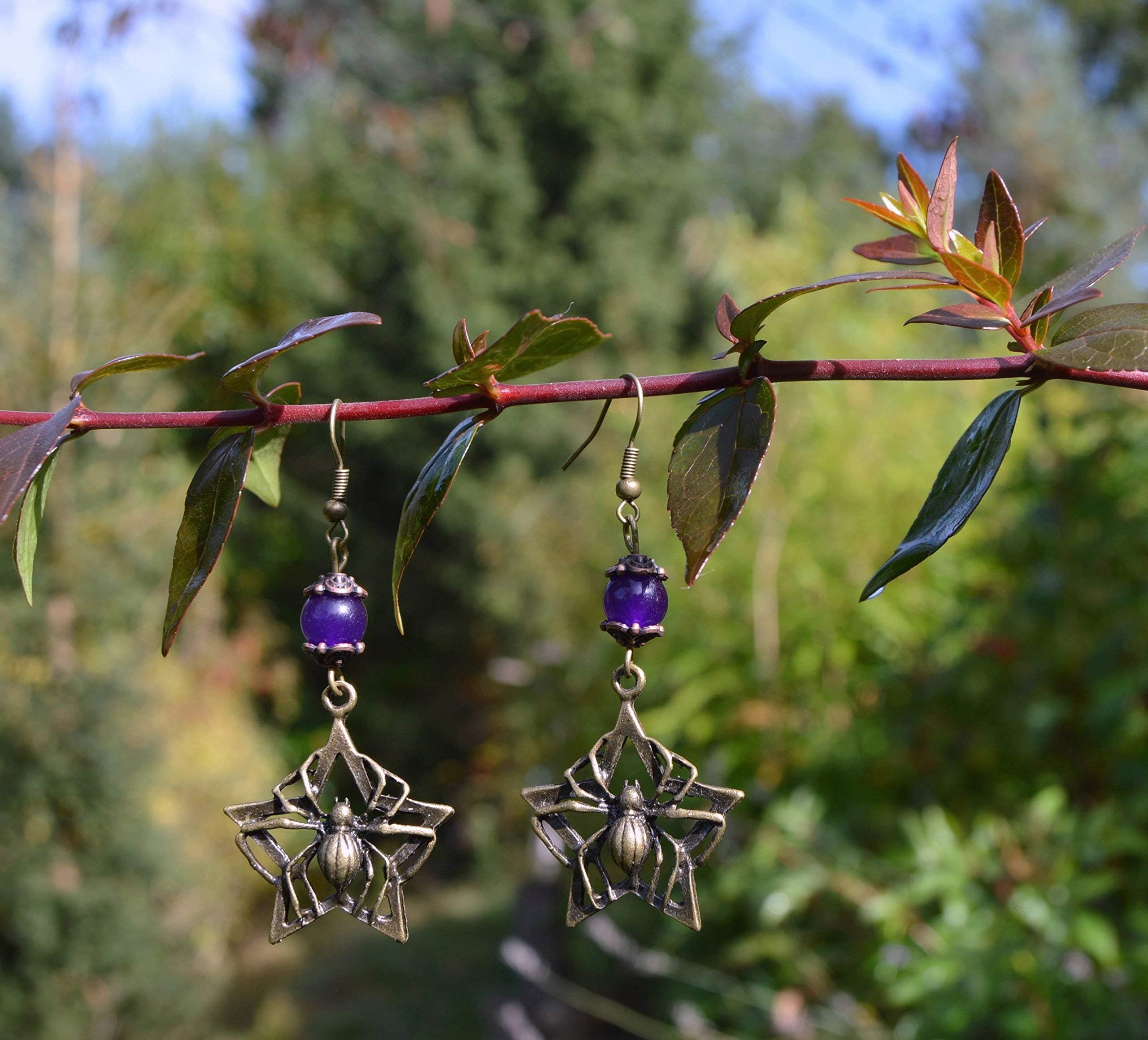 Gothic spider earrings with purple beads - Halloween jewellery - witches familiar - trad goth - creepy - gift for teen