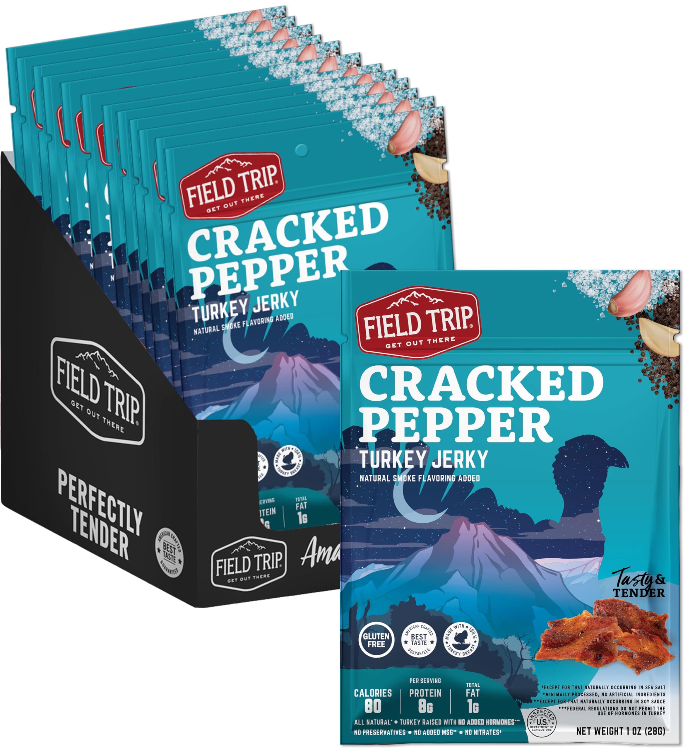 Field Trip Turkey Jerky, Gluten Free, Low Carb, Healthy High Protein Snacks, No Nitrates, All Natural Ingredients, Cracked Pepper, 1oz Bags, 12 Pack