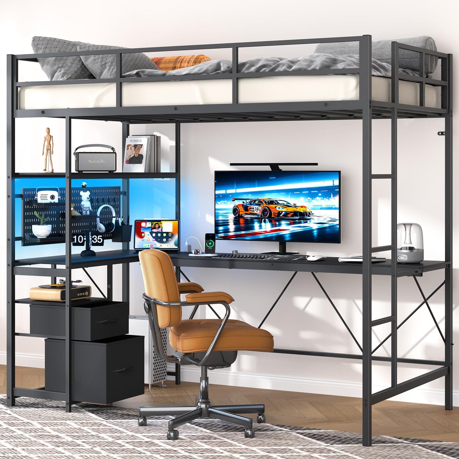 YoobureLoft Bed Twin Size with L-Shaped Desk, LED Lights Charging Station LED Metal Twin Loft Bed Frame with 2 Storage Drawers, Safety Guard & Ladder for Kid Junior Adult, Heavy Duty, Space-Saving