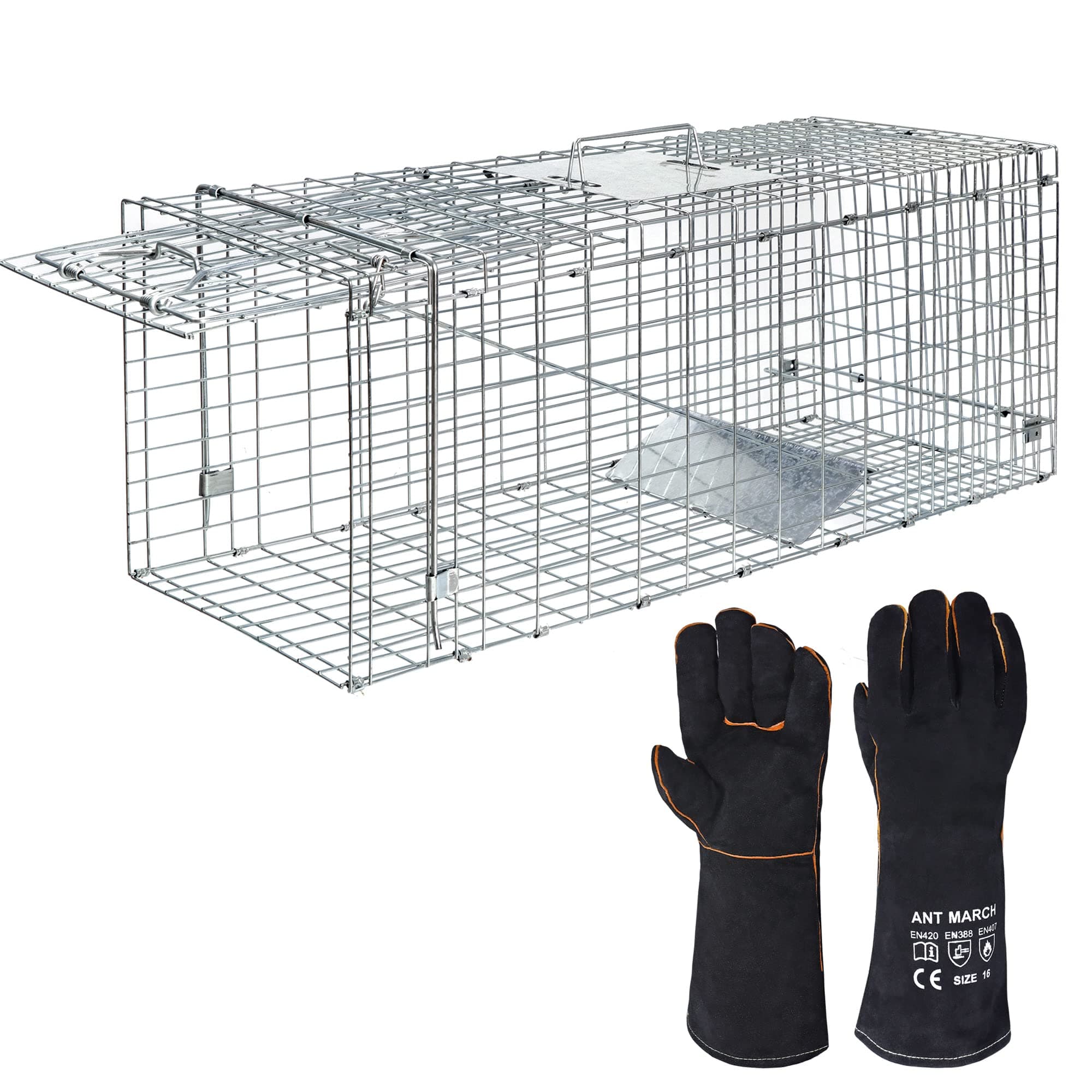 ANT MARCH Live Animal Cage Trap 32''x11.5"x13" Steel Humane Release Rodent Cage with Gloves for Rabbits, Stray Cat, Squirrel, Raccoon, Mole, Gopher, Chicken, Opossum, Skunk, Chipmunks, Groundhog