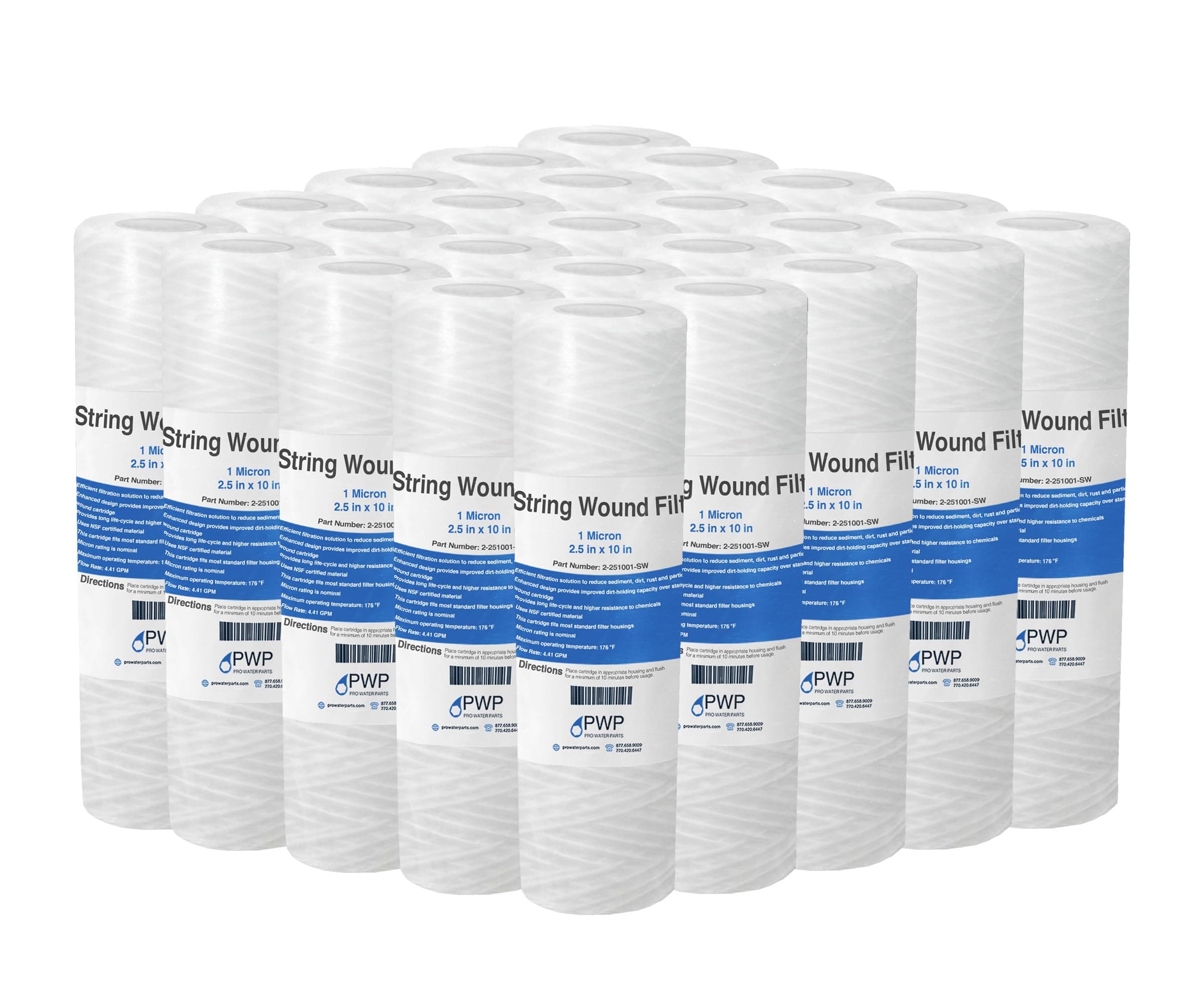 String Wound Sediment Water Filter Cartridge Standard 2.5x10" 1 Micron 25 Pack
