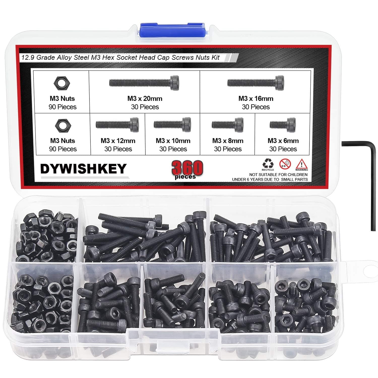 DYWISHKEY 360 Pieces M3 x 6mm/8mm/10mm/12mm/16mm/20mm, 12.9 Grade Alloy Steel Hex Socket Head Cap Bolts Screws Nuts Kit with Hex Wrench