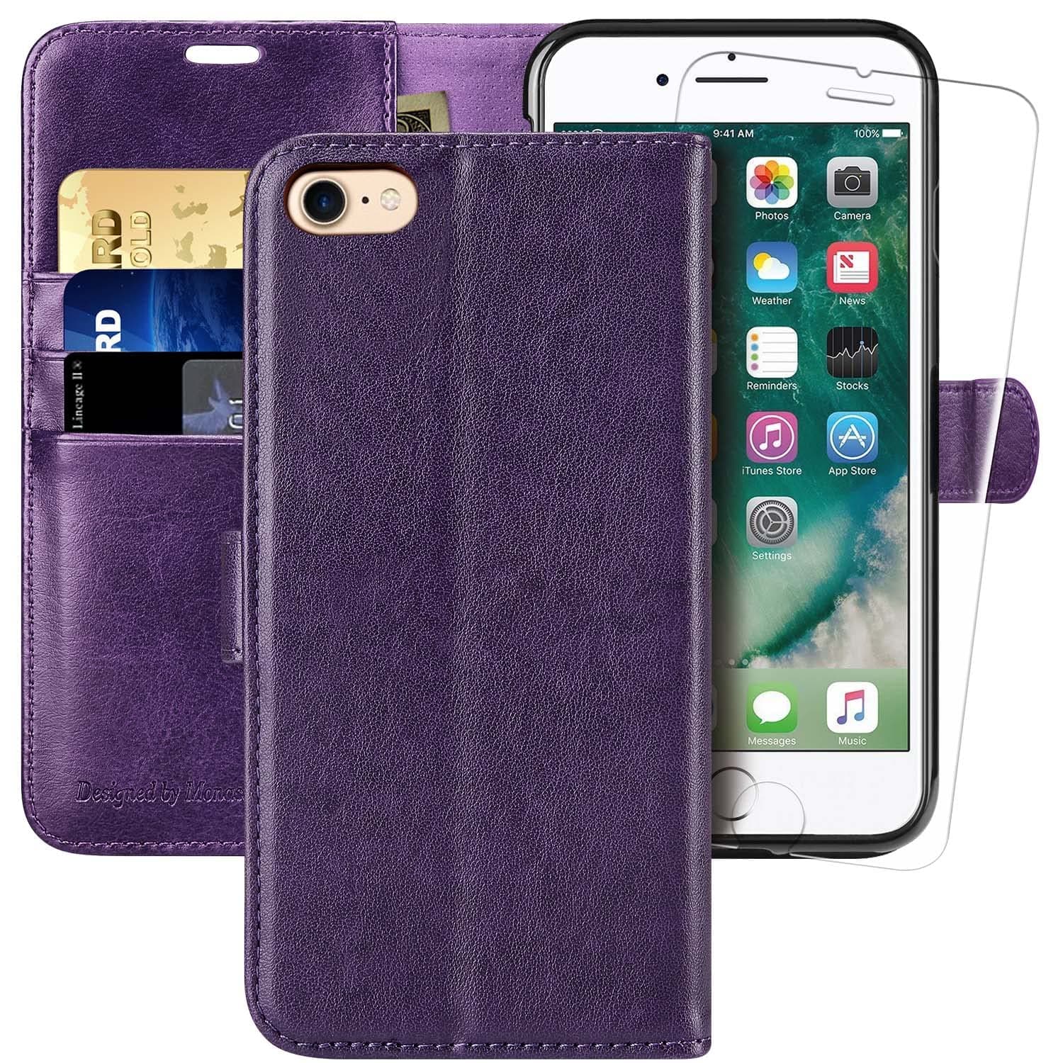 MONASAY Case Compatible for iPhone SE 2022/2020 5G,iPhone 8 Wallet Case, iPhone 7 Case,4.7-inch, [Glass Screen Protector] Flip Folio Leather Cell Phone Cover with Credit Card Holder, Purple