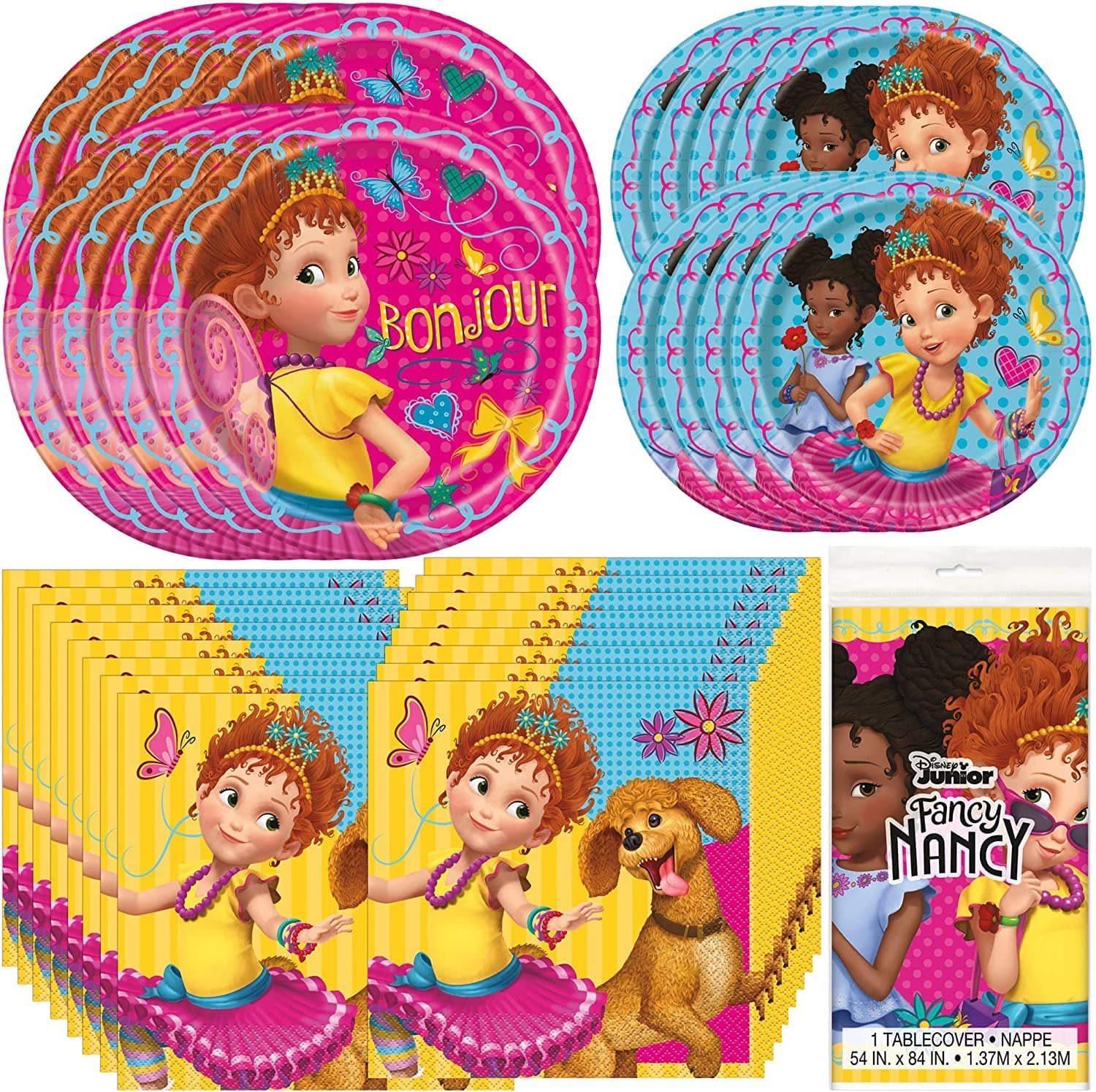 Unique Fancy Nancy Dinnerware Bundle Officially Licensed by Unique - Dinner & Dessert Plates, Table Cover - Kids Girls Dressup Birthday Party Decorations, Set of Supplies, Disposable
