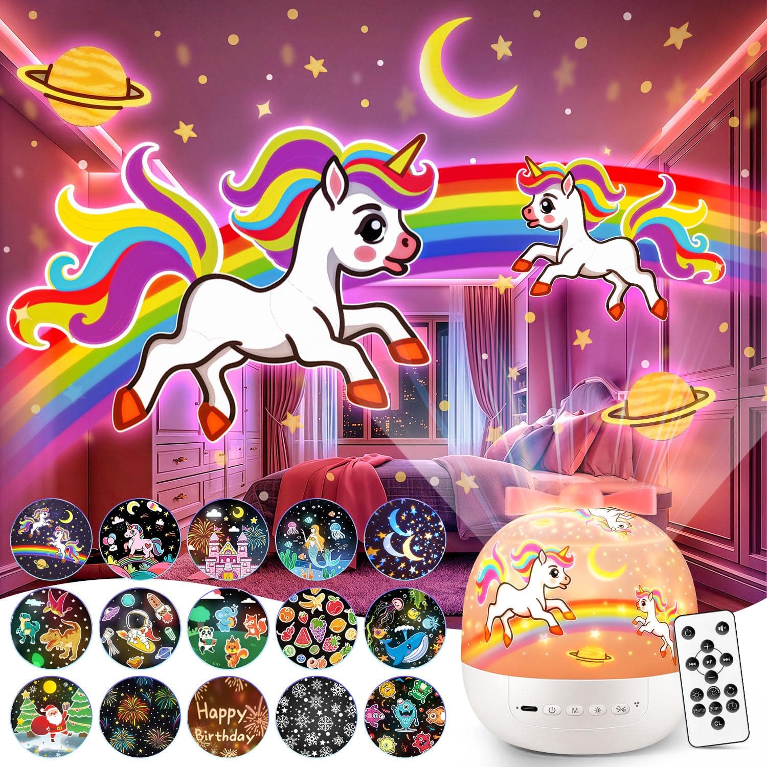 PIKOY Night Light for Kids, 15 Films+15 Sound Machine for Kids Projector Light, 360 °Rotation Princess Night Light Projector for Kids Room,Remote+Rechargeable Unicorn Lamp,Unicorn Gifts for Girls Toys