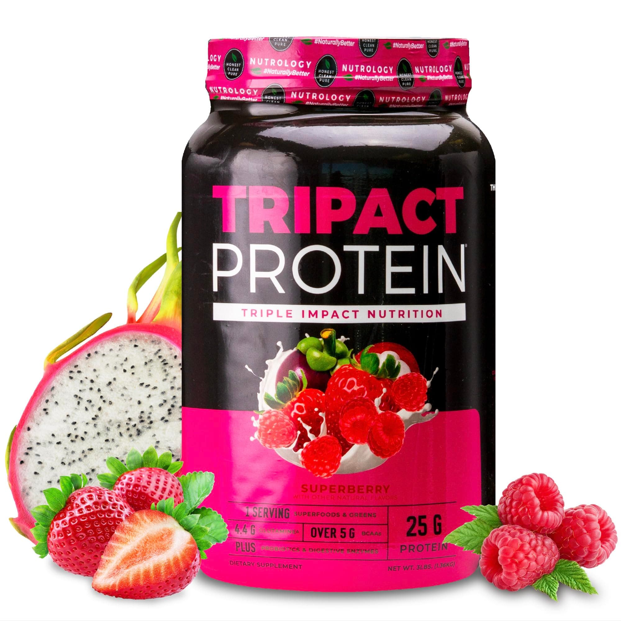 TRIPACT Protein Powder - 7-in-1 Meal Replacement Shake with Grass Fed Whey Protein Powder, Pea, Rice, Greens for Muscle Recovery & Immunity, Superberry Flavor, 40 Servings