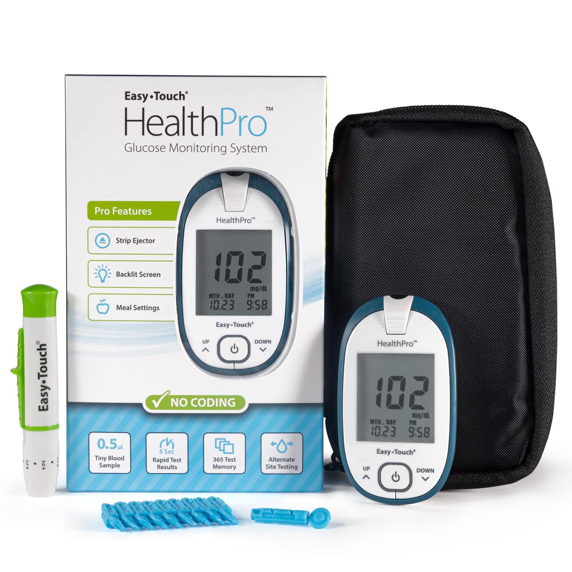 - HealthPro Blood Glucose Monitoring System by EasyTouch – Easy-to-Read Backlit Display, Test Strip Ejector & Advanced Tracking, Includes Meter, Lancing Device & 10 Lancets (Test Strips Sold Separately)