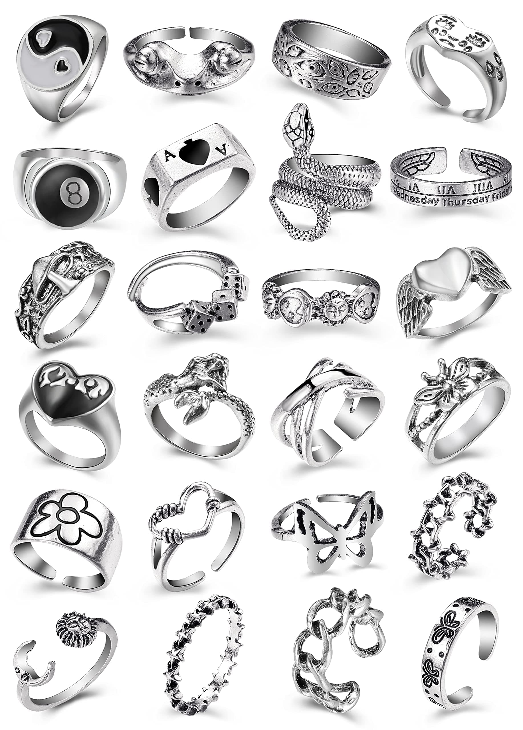Vintage Silver Open Punk Rings for Men Women, 24PCS Adjustable, Alt, Chunky, Hippie, Gothic, Statement Stacking, Skull Snake Star Flower Heart Eboy Emo Y2K