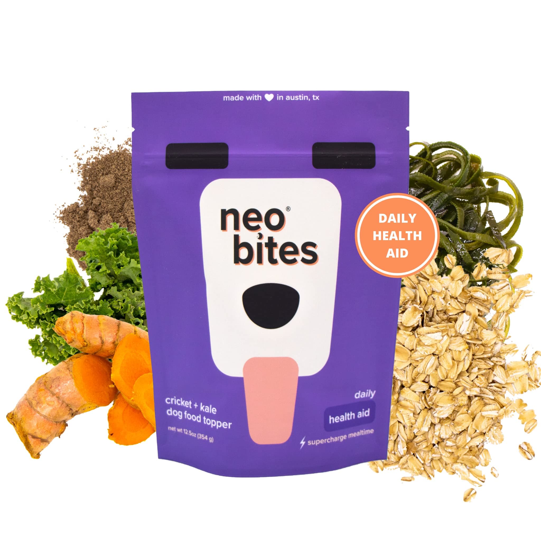 Neo Bites Dog Food Topper, Cricket Protein, Vegan & Vegetarian Dog Food Alternative, Insect Based, Probiotics, Superfood, Natural Meal Mixer, Gut Health, 45 Day Supply (12.5 oz) (Health Aid)