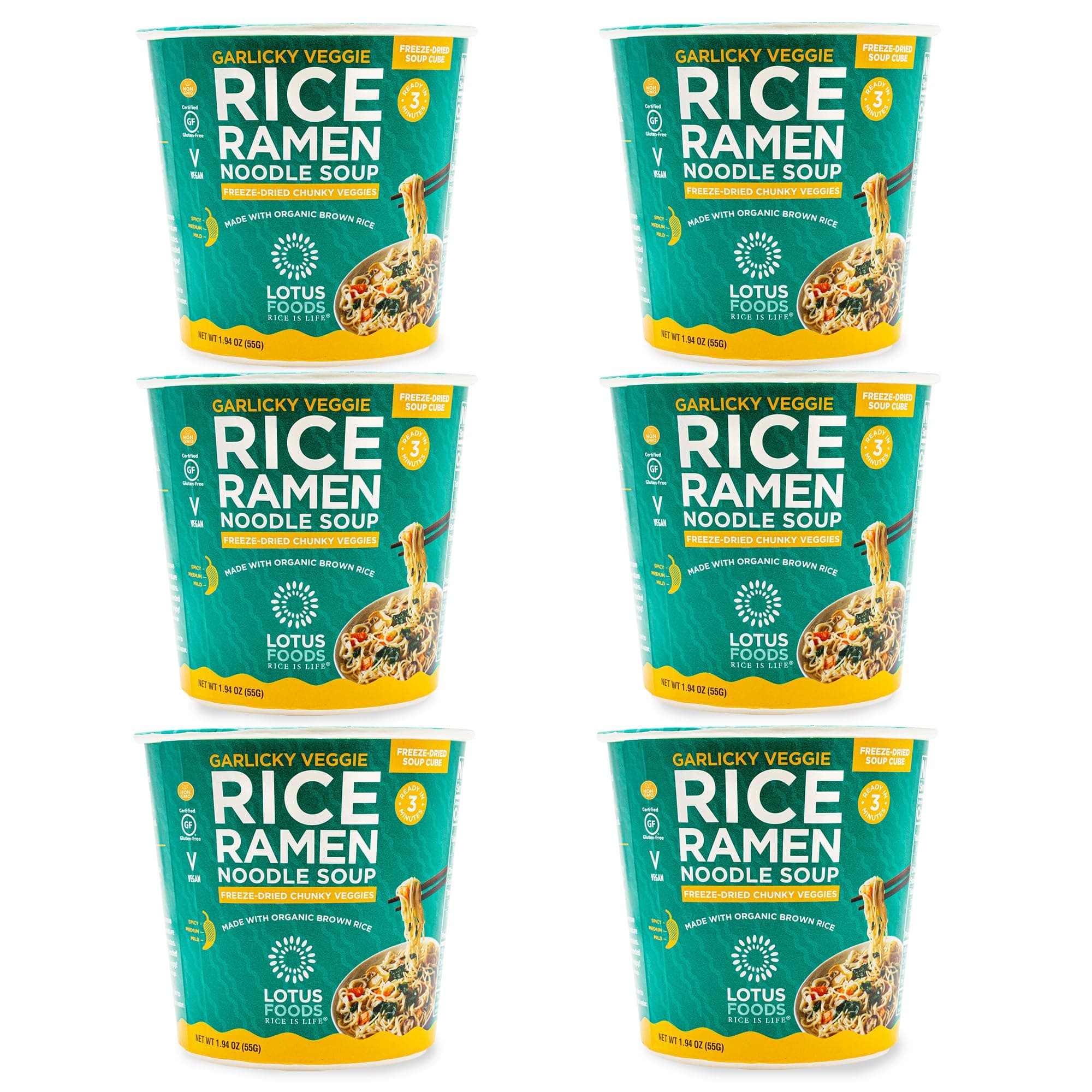 Lotus Foods Organic Garlicky Veggie Rice Ramen Noodle Soup - Ramen Noodles, Cup of Noodles, Instant Ramen Bowl, Made With Organic Brown Rice - 1.94 Oz Cups (Pack of 6)