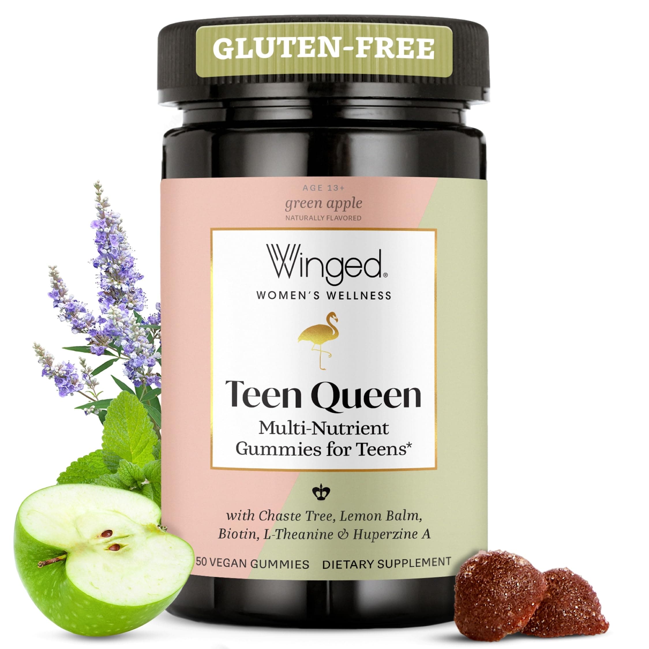 Winged Wellness Multivitamin Gummies for Teen Girls - Teen Vitamins for Mood & Hormonal Health - Vegan Gummy Supplement with Chaste Tree, Lemon Balm, L-Theanine, Probiotics & Biotin - 50 Gummies
