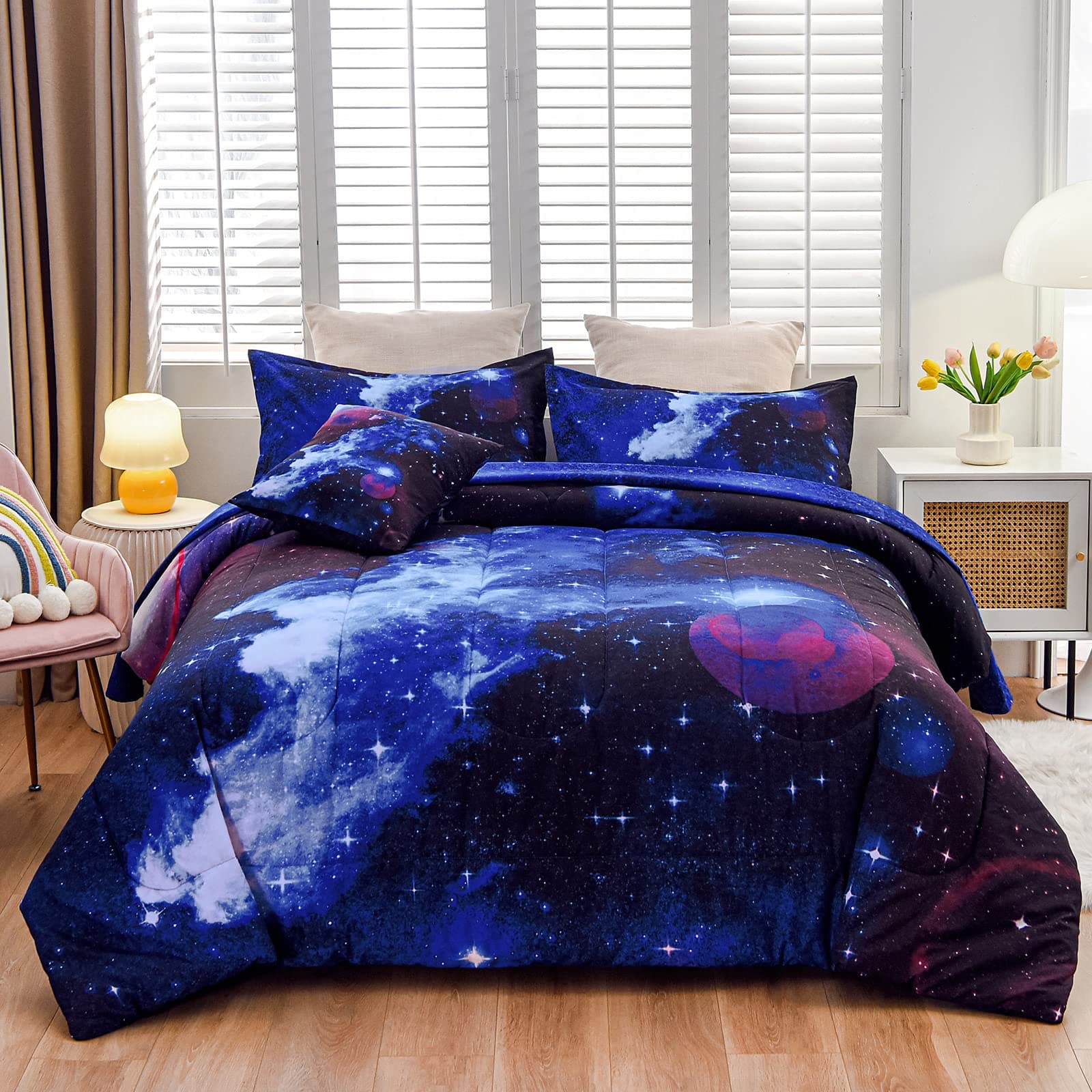 A Nice Night Galaxy 6Pcs Bedding Sets Outer Space Comforter Bed in a Bag 3D Printed Quilt,for Children Boy Girl Teen Kids,Twin 6Pcs