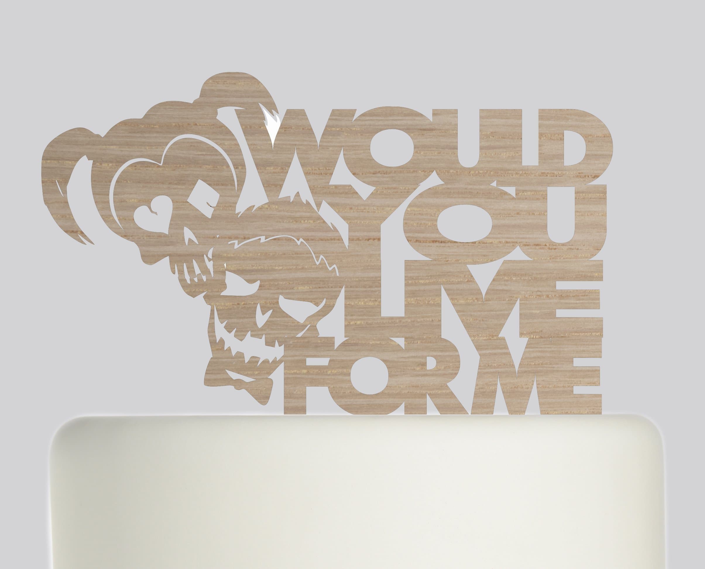 Bride and Groom Would you Live For Me Suicide Squad Harley Quinn and Joker inspired Wooden Wedding Cake Topper Rustic Design cake topper. Available in Beech or Oak Veneer
