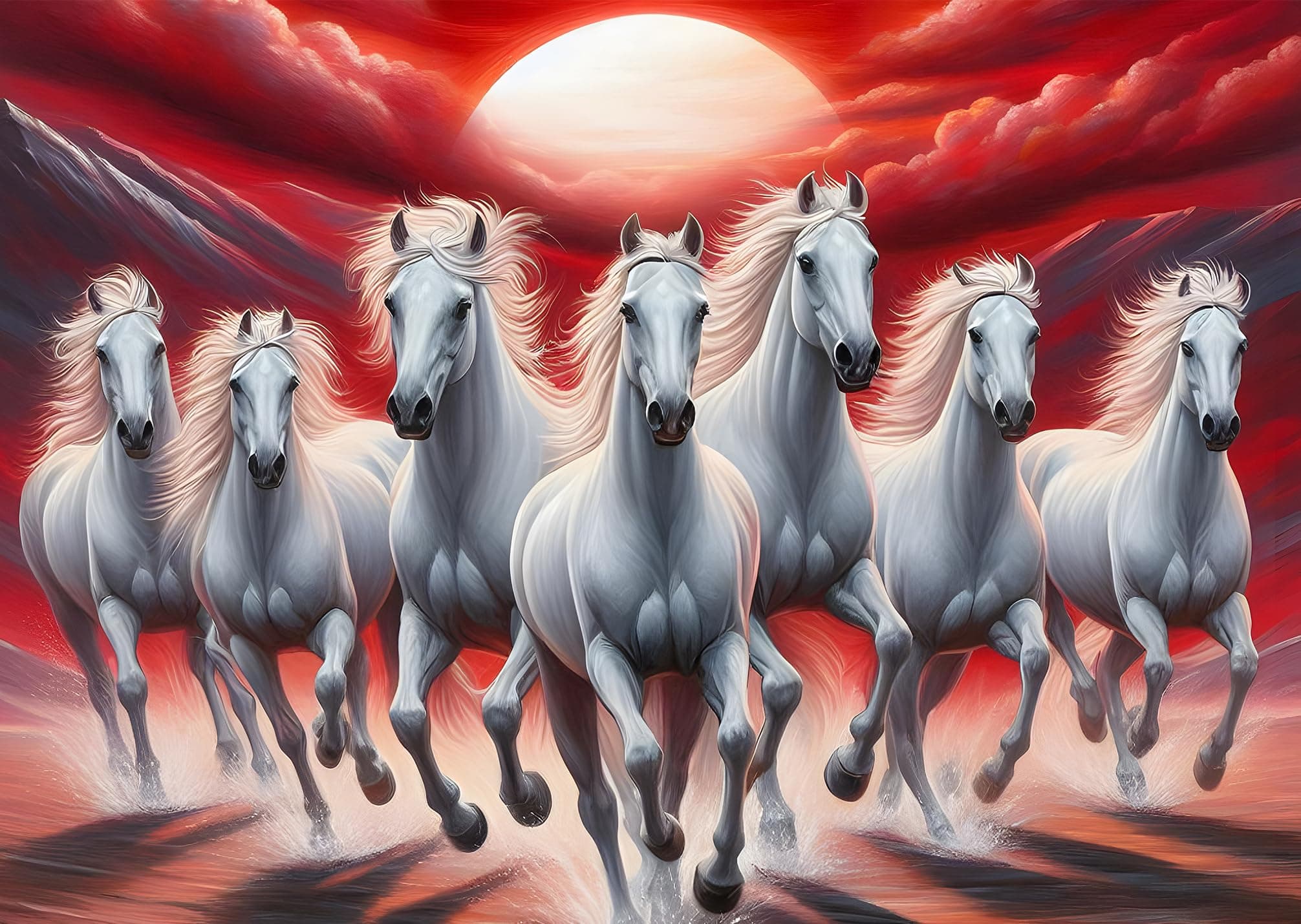 Roostaflag Paper, Vinyl 7 Horse Poster for Wall | Wall Stickers | 7 Horses Vastu Poster Big Size with Sunrise | Sticker for Wall Decor | Lucky 7 Horses Posters for Living Room Decoration (Wine Red)
